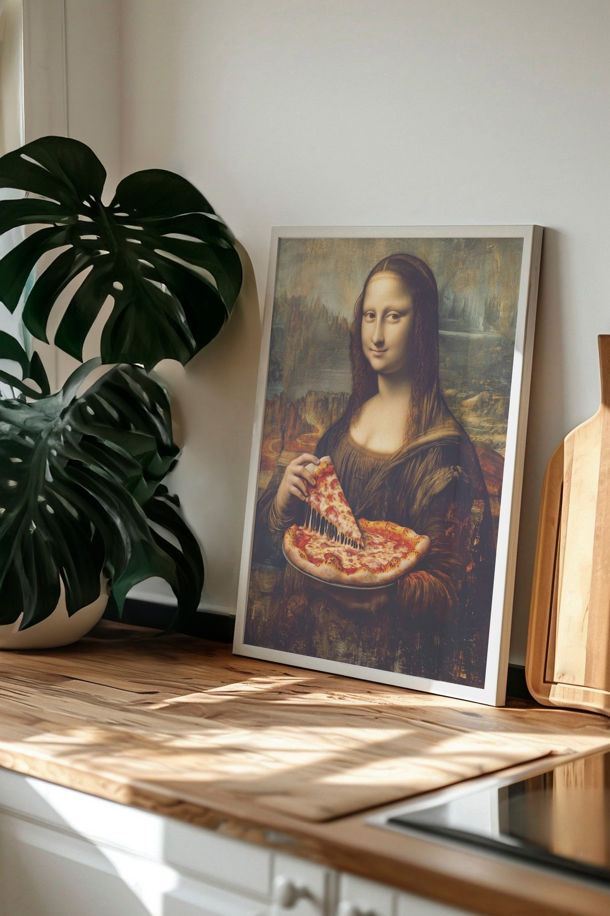 Mona Lisa ve Pizza Poster – Beyaz Çerçeveli Tablo