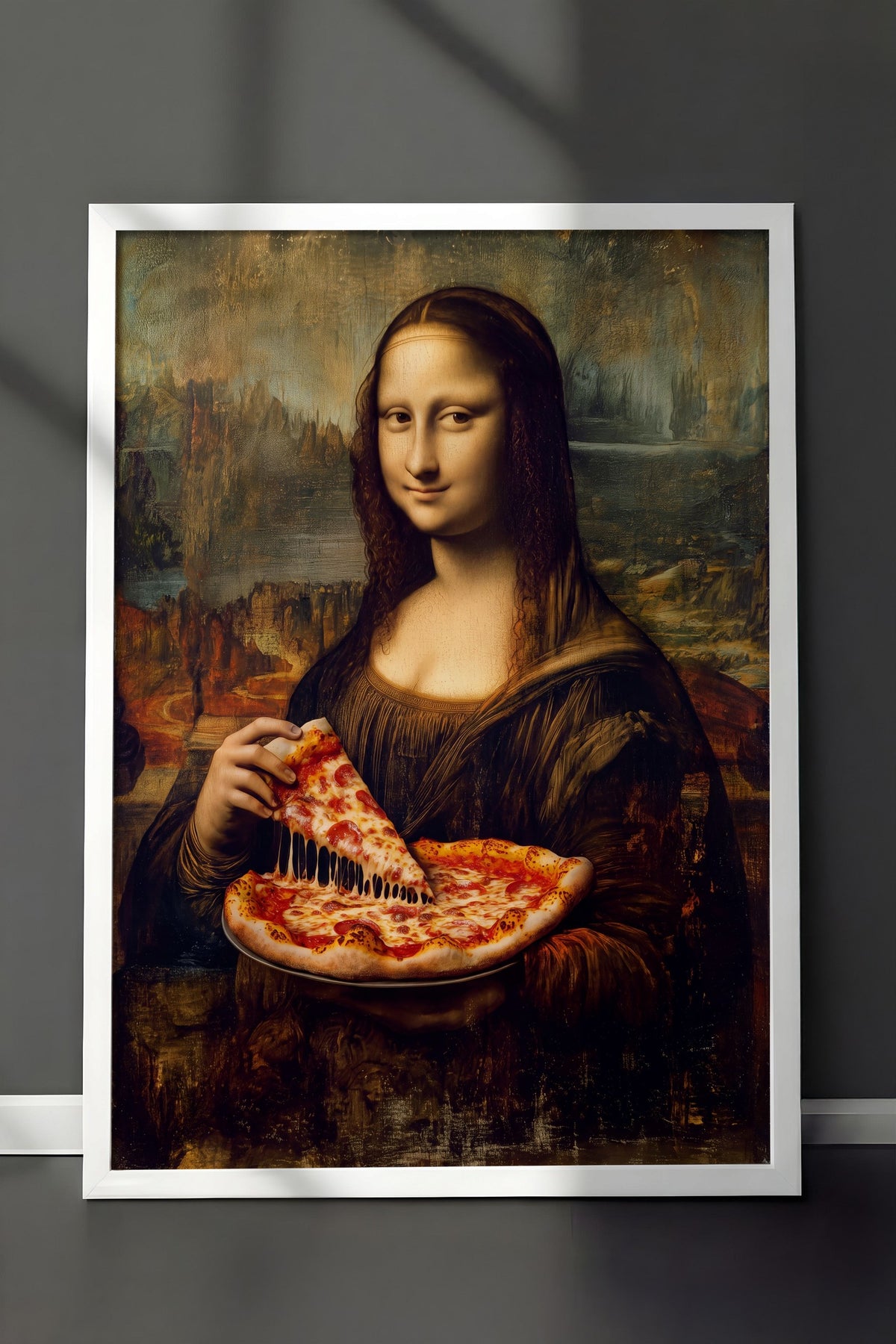 Mona Lisa ve Pizza Poster – Beyaz Çerçeveli Tablo