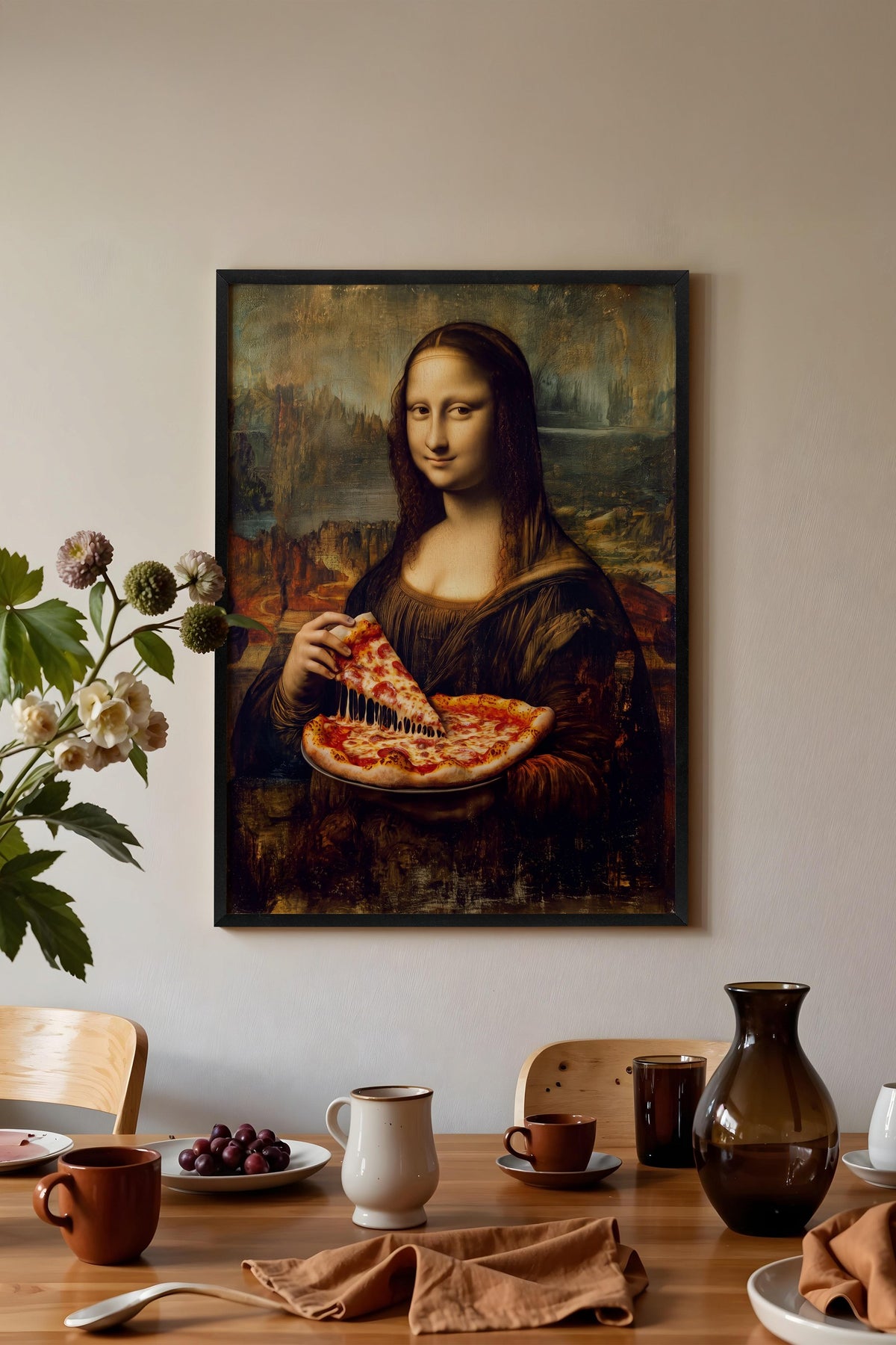 Mona Lisa ve Pizza Poster – Siyah Çerçeveli Tablo