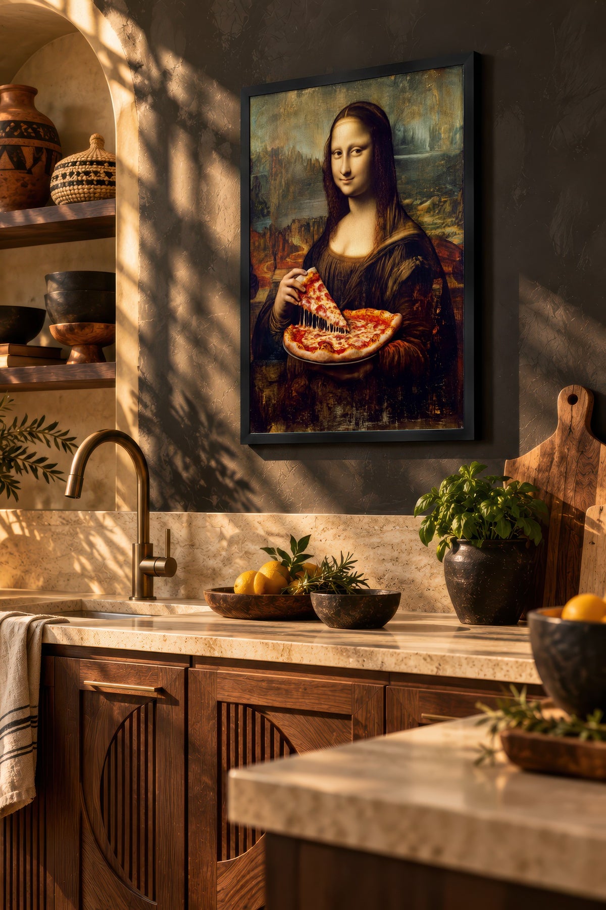 Mona Lisa ve Pizza Poster – Siyah Çerçeveli Tablo