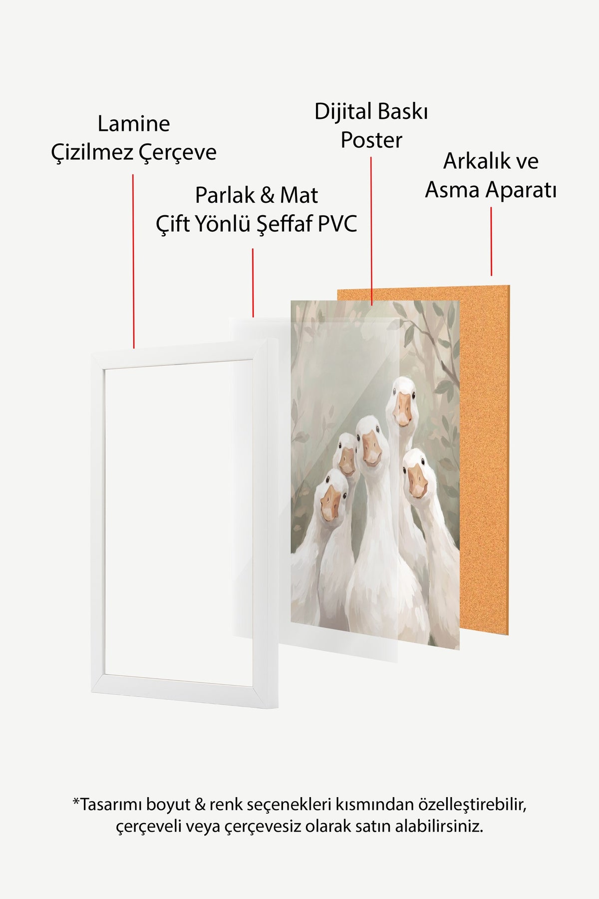 Eğlenceli Kazlar İllüstrasyonu Poster – Beyaz Çerçeveli Tablo