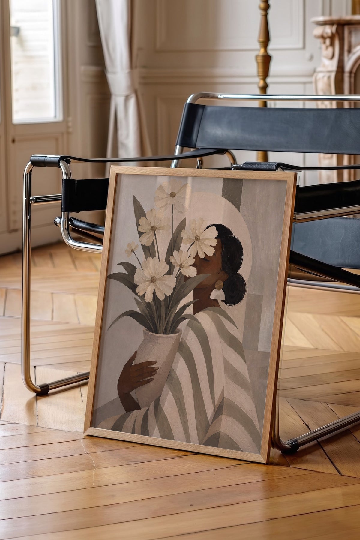 Çiçekli Kadın Portresi Poster – Ahşap Çerçeveli Tablo