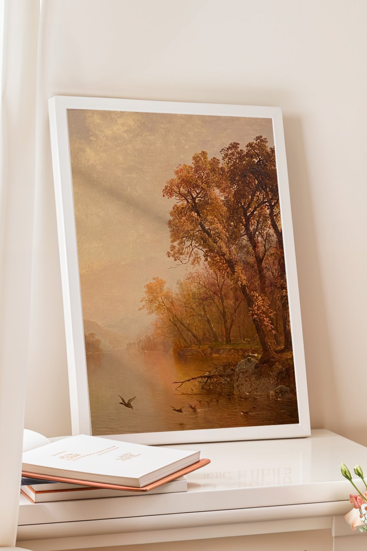 Sonbahar Manzarası ve Göl Poster – Beyaz Çerçeveli Tablo