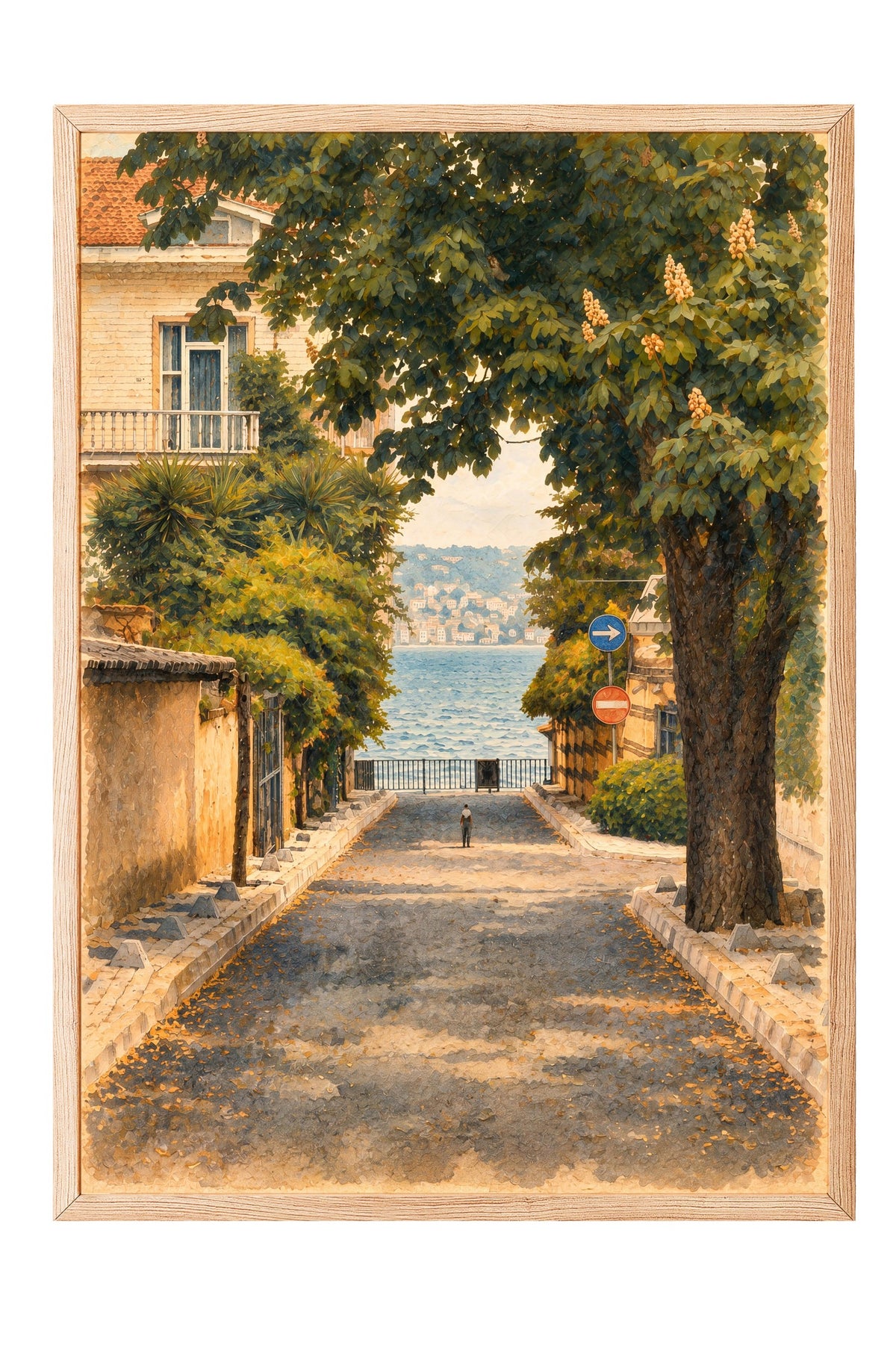 Sokak ve Deniz Manzarası Poster – Ahşap Çerçeveli Tablo
