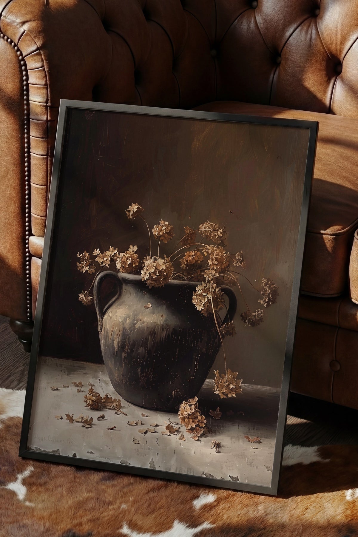 Kuru Çiçeklerle Antik Vazo Poster – Siyah Çerçeveli Tablo