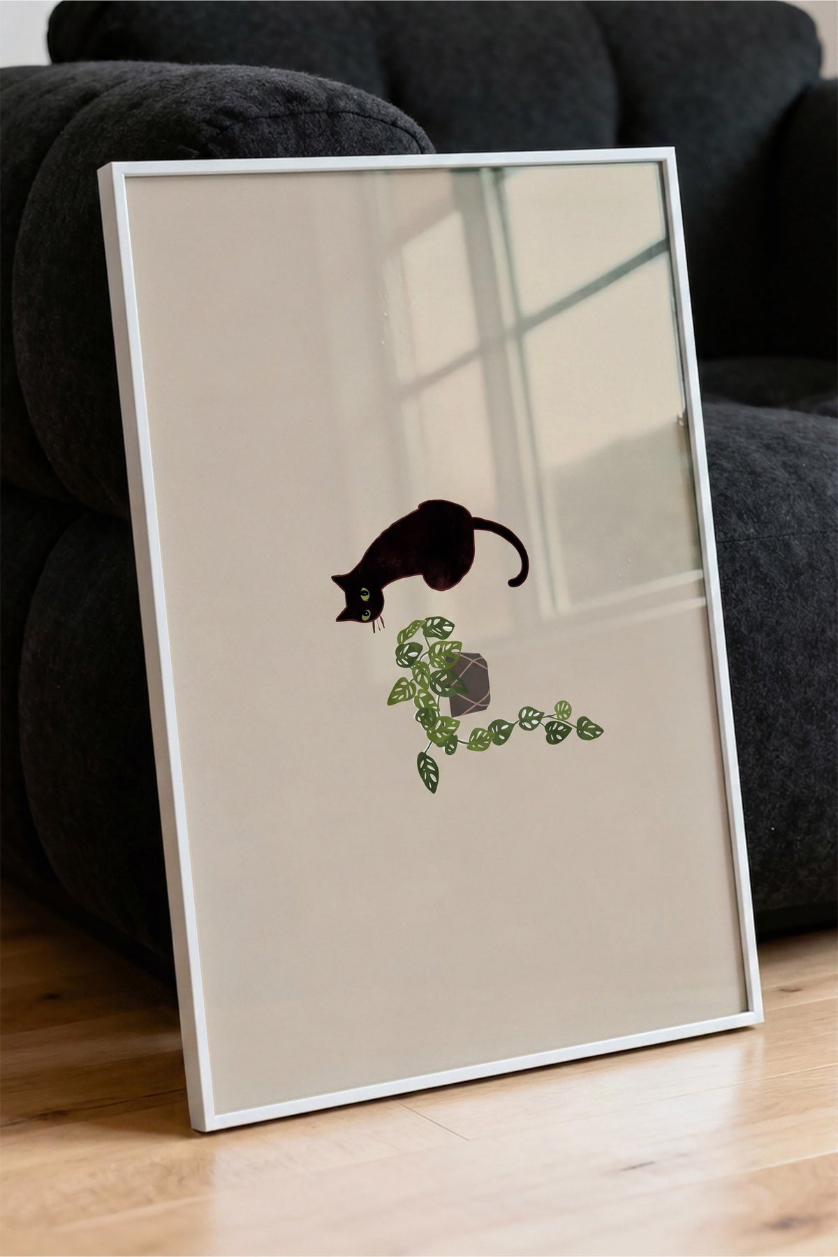 Bitkiyle Oynayan Kedi Poster – Beyaz Çerçeveli Tablo