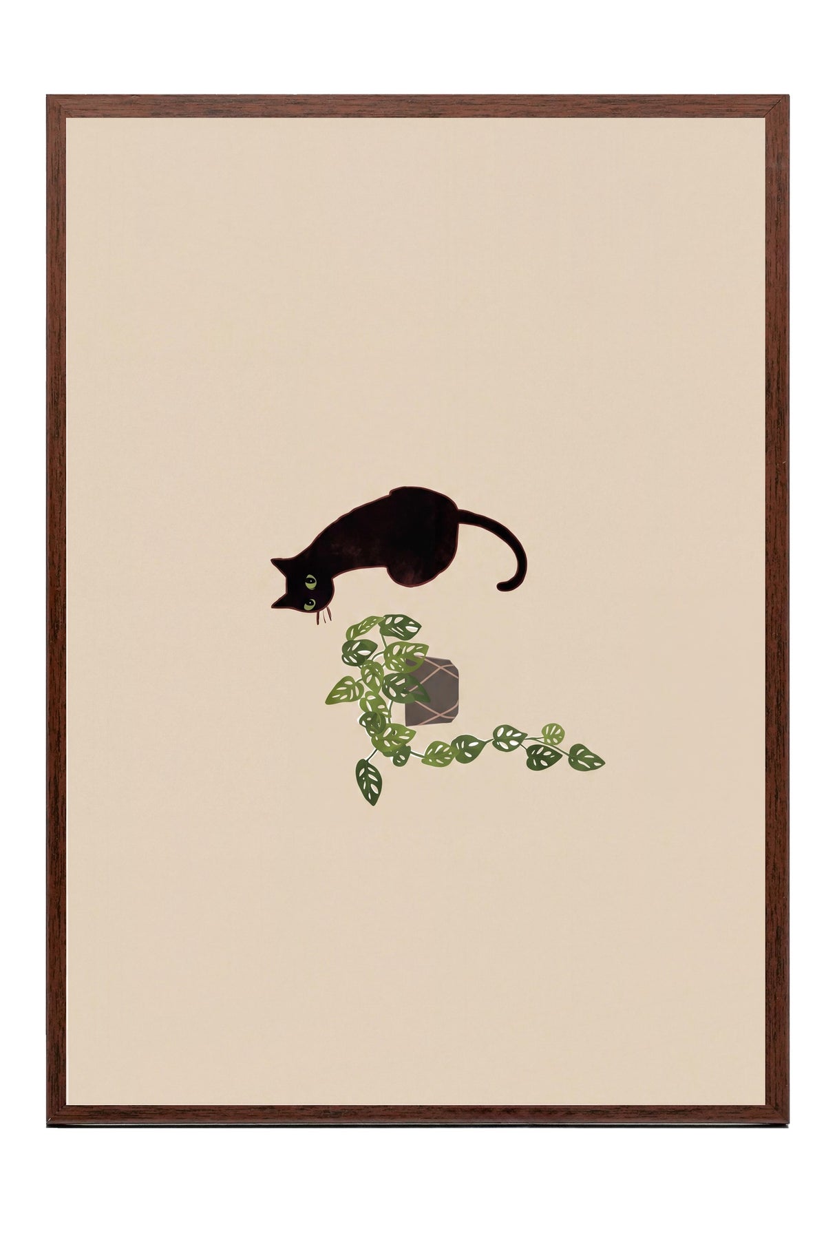 Bitkiyle Oynayan Kedi Poster – Kahverengi Çerçeveli Tablo