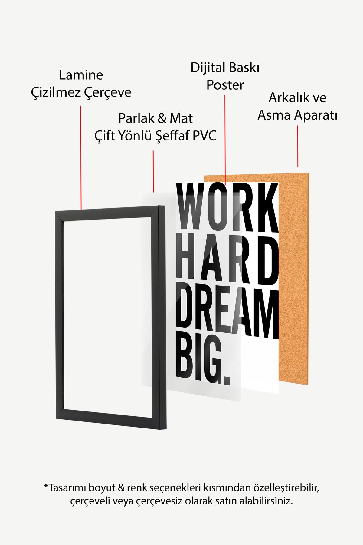 WORK HARD DREAM BIG. Poster – Siyah Çerçeveli Tablo