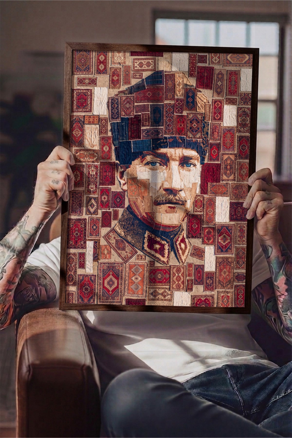 Halı Desenli Atatürk Portresi Poster – Kahverengi Çerçeveli Tablo