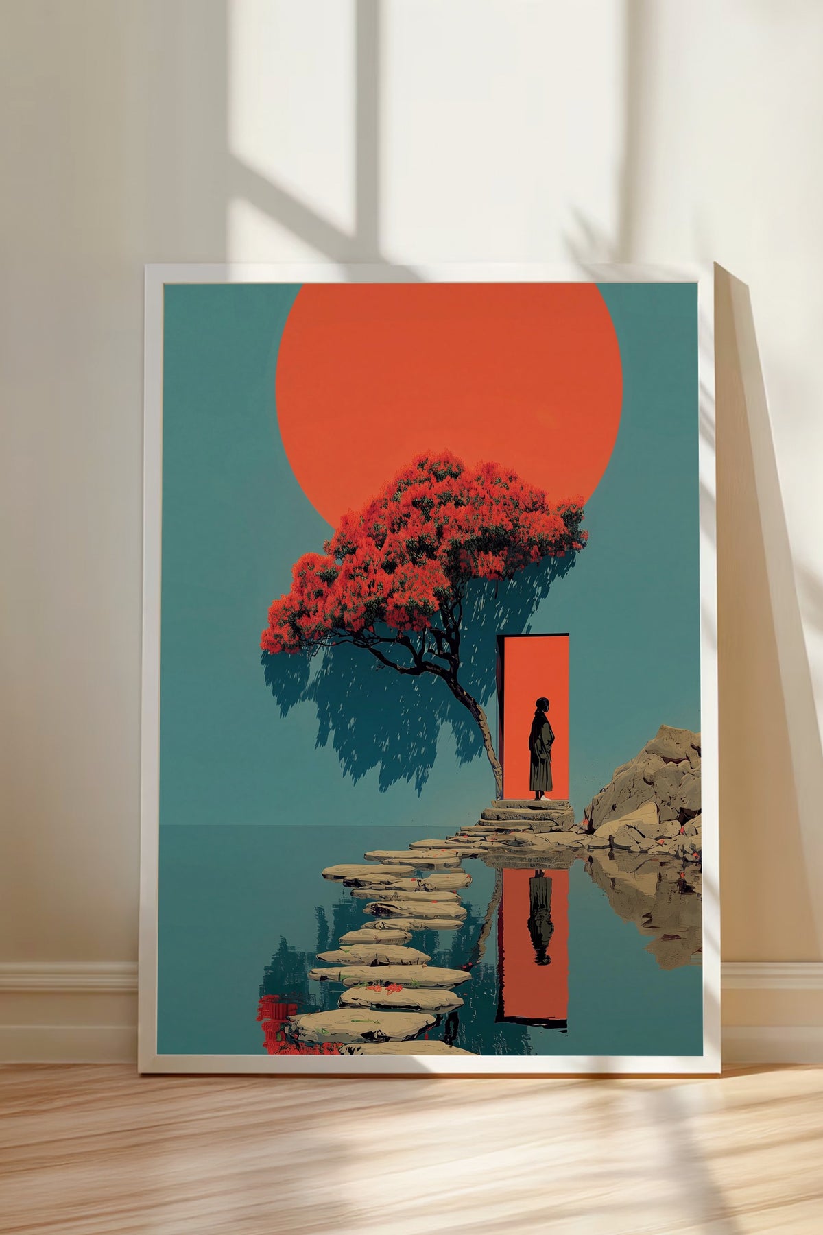 Kırmızı Güneş ve Figürlü Sahne Poster – Beyaz Çerçeveli Tablo