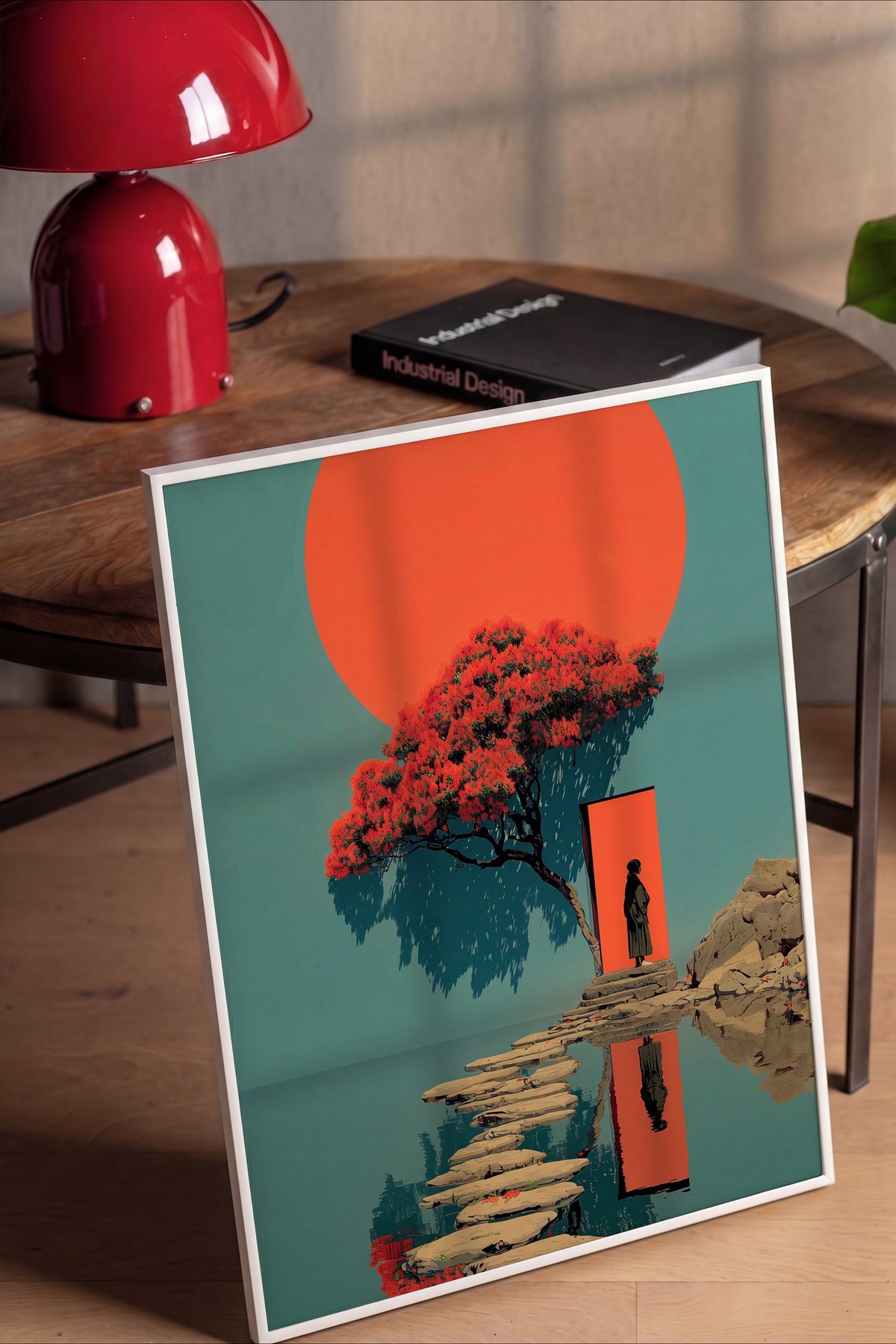 Kırmızı Güneş ve Figürlü Sahne Poster – Beyaz Çerçeveli Tablo