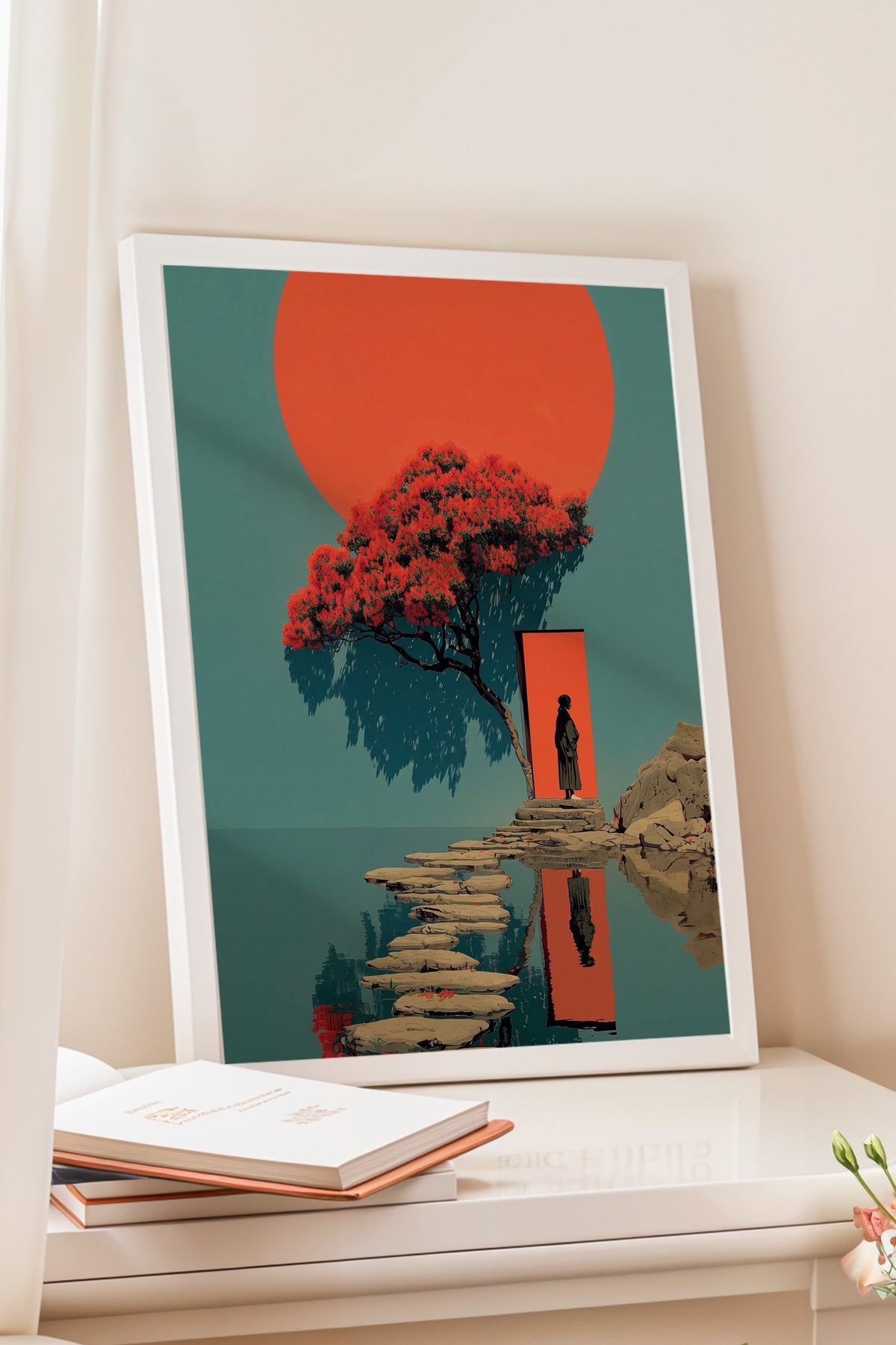 Kırmızı Güneş ve Figürlü Sahne Poster – Beyaz Çerçeveli Tablo