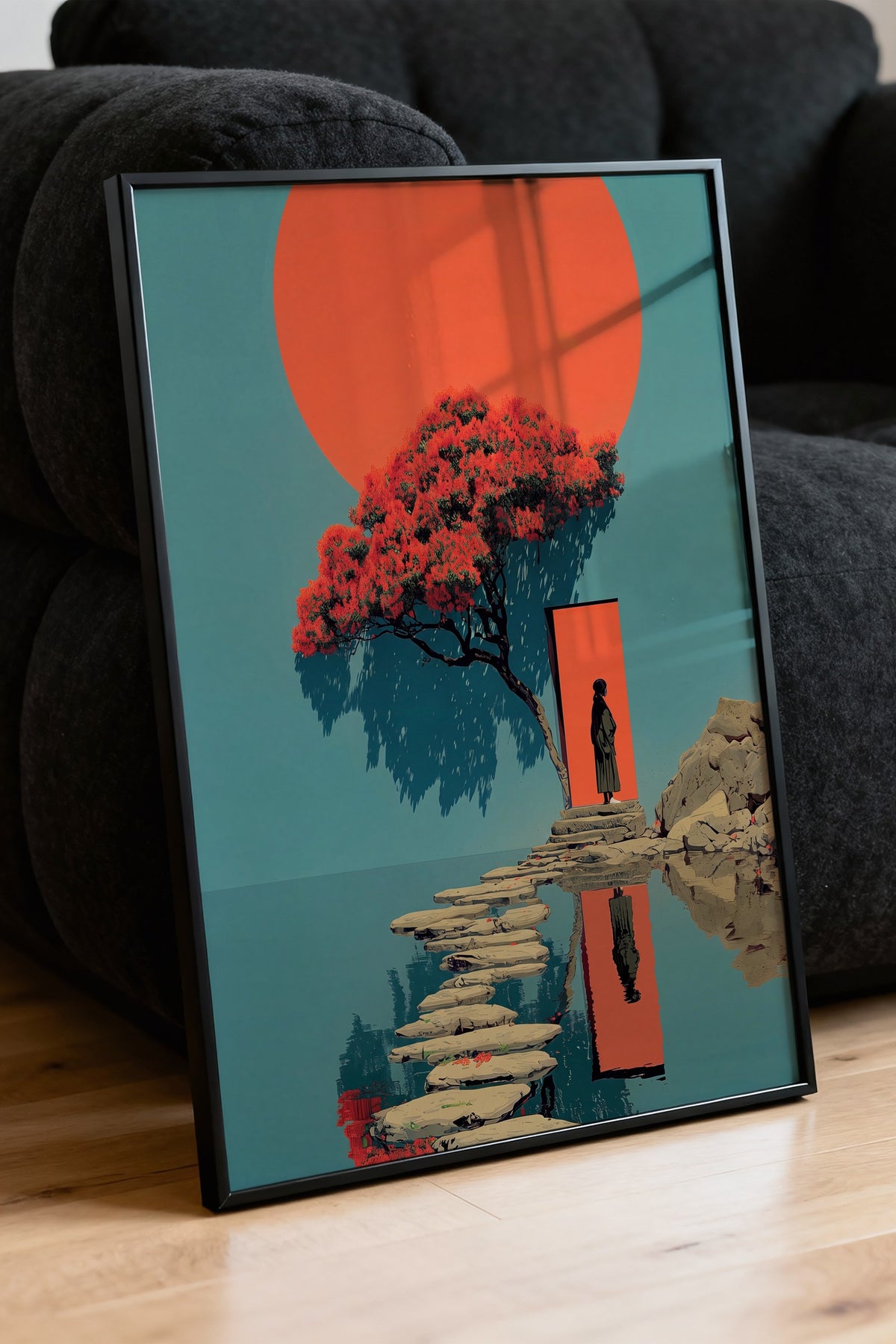 Kırmızı Güneş ve Figürlü Sahne Poster – Siyah Çerçeveli Tablo