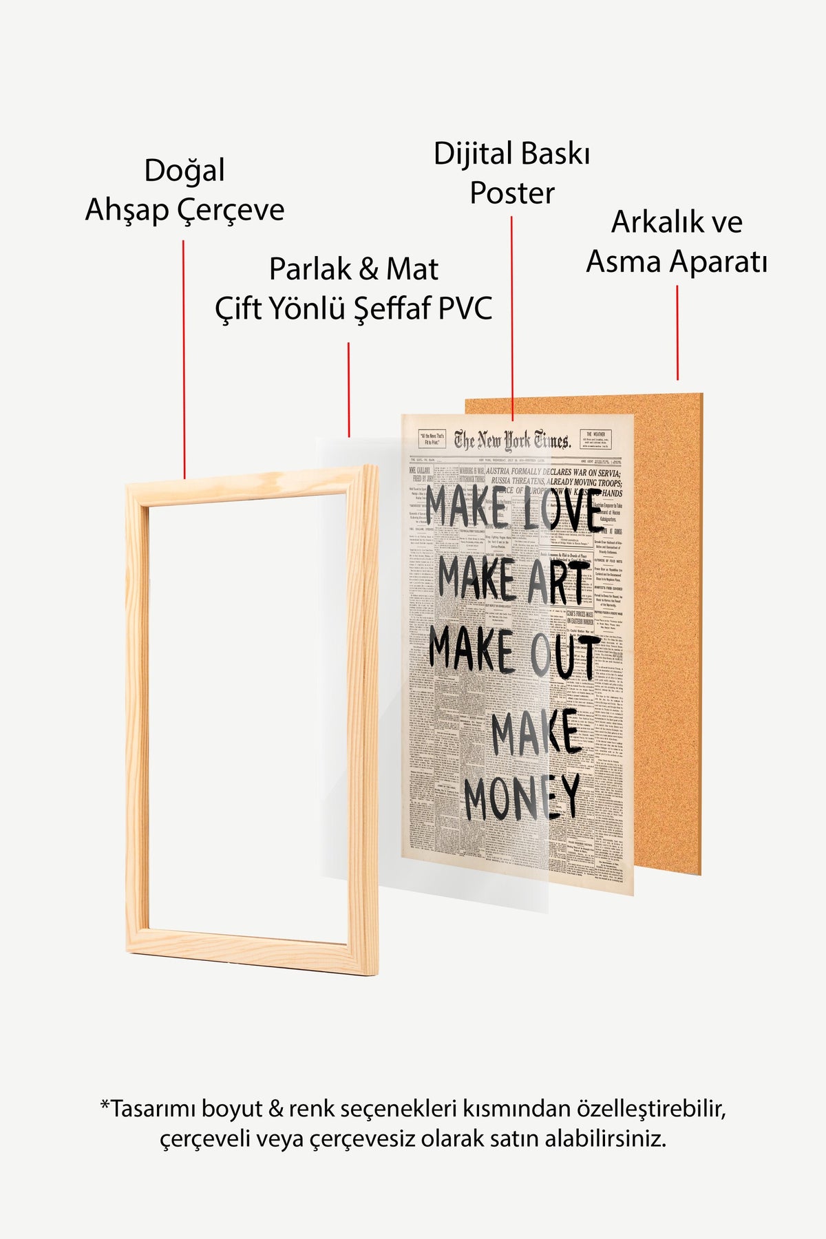 MAKE LOVE MAKE ART MAKE OUT MAKE MONEY Poster – Ahşap Çerçeveli Tablo