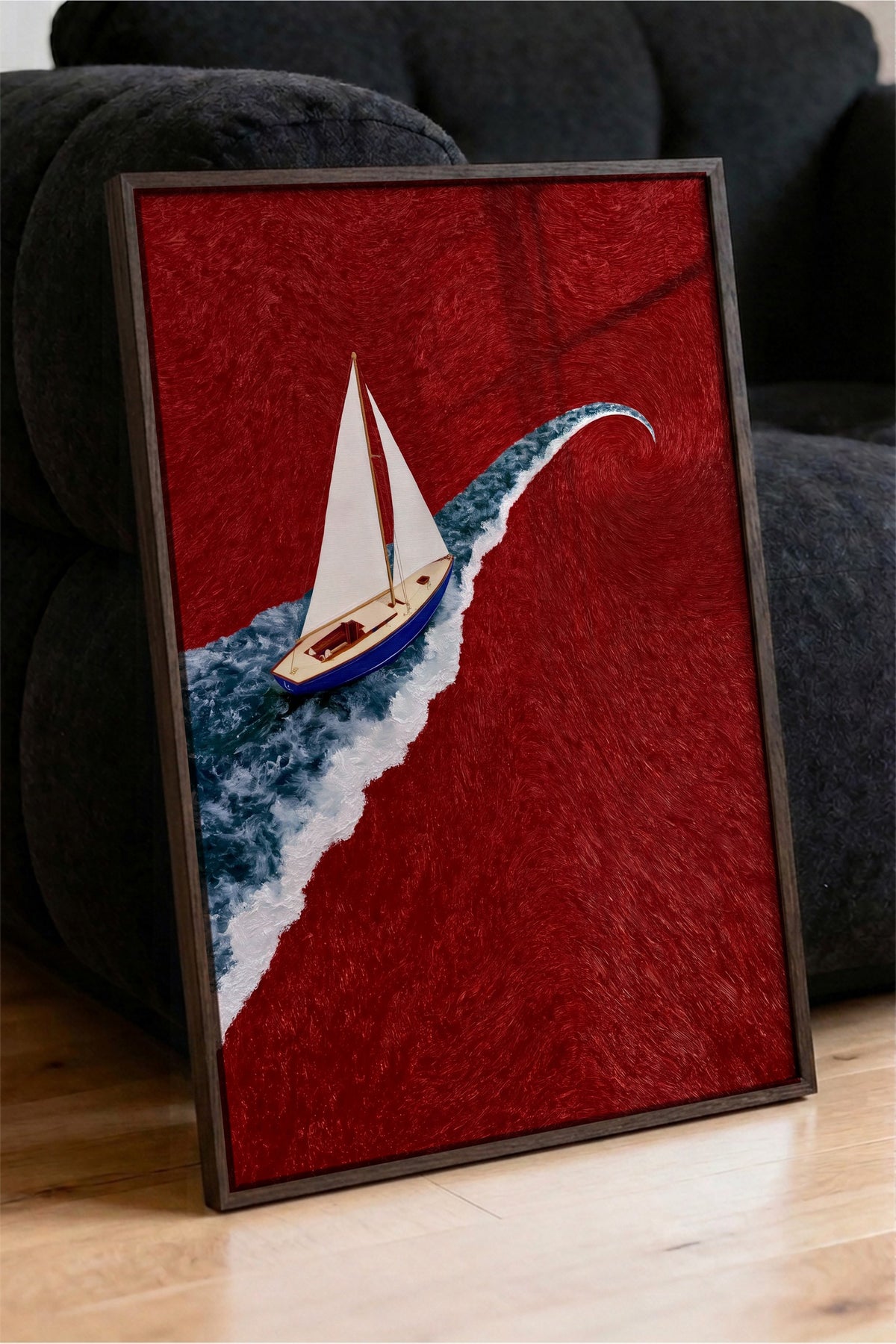 Dalga Üzerinde Yelkenli Poster – Kahverengi Çerçeveli Tablo