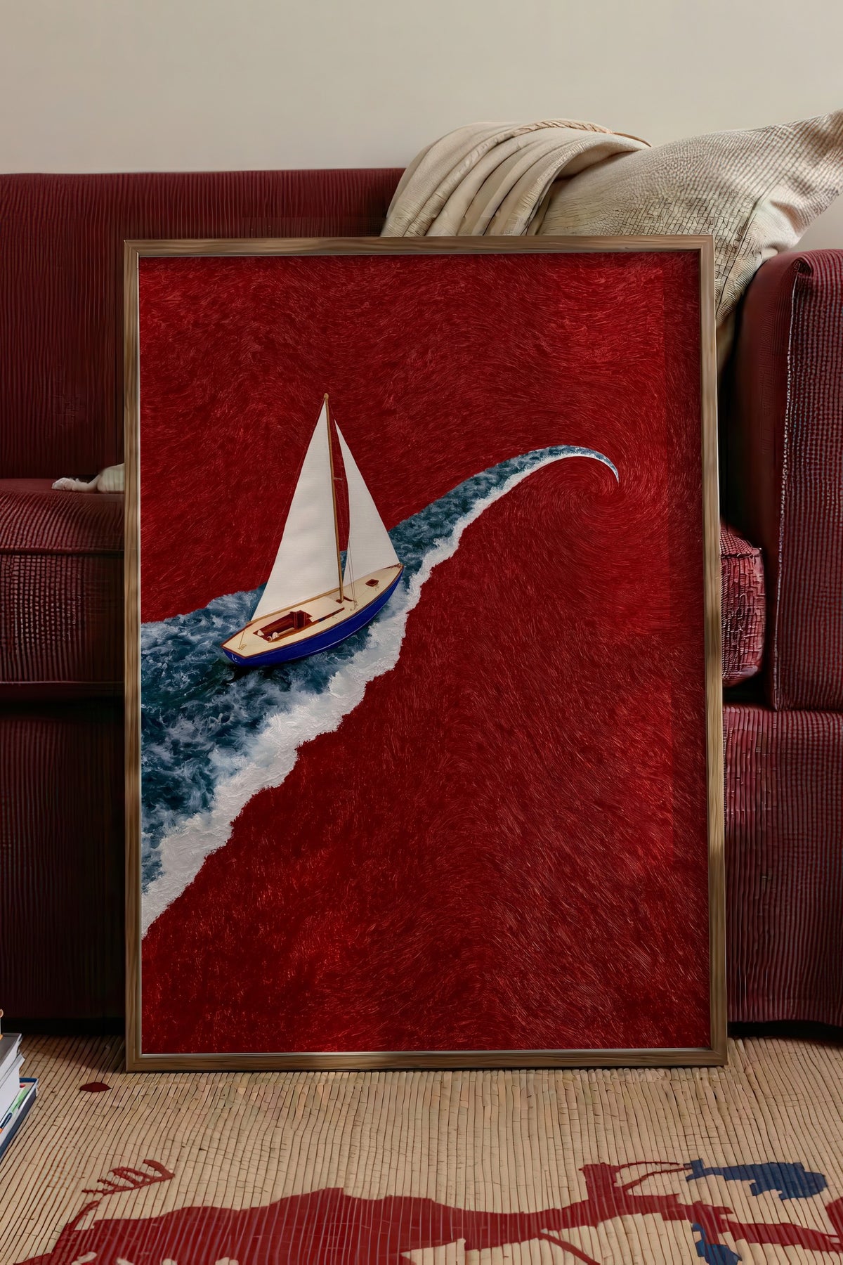 Dalga Üzerinde Yelkenli Poster – Kahverengi Çerçeveli Tablo