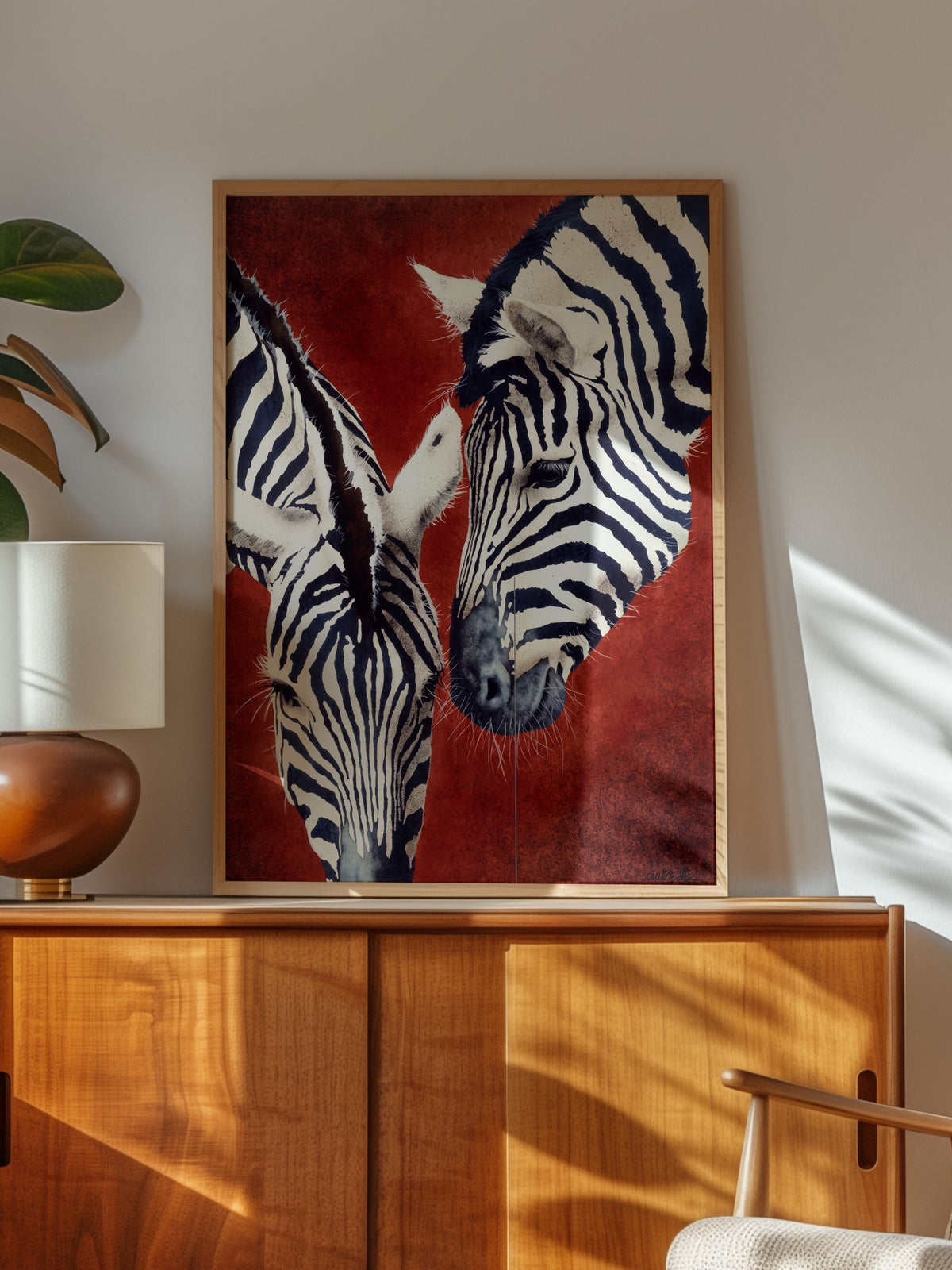 Etkileşim Halinde İki Zebra Poster – Ahşap Çerçeveli Tablo