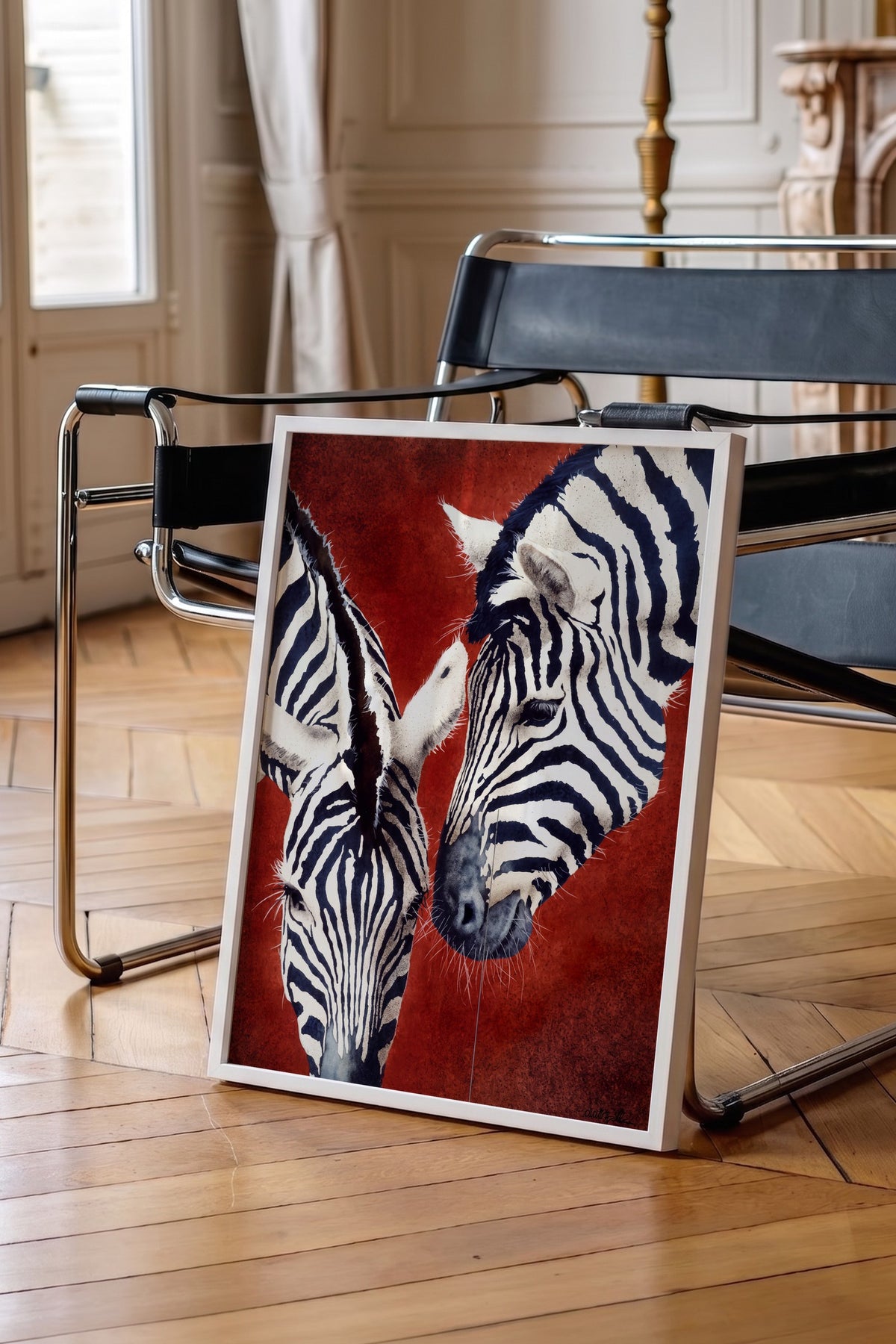 Etkileşim Halinde İki Zebra Poster – Beyaz Çerçeveli Tablo