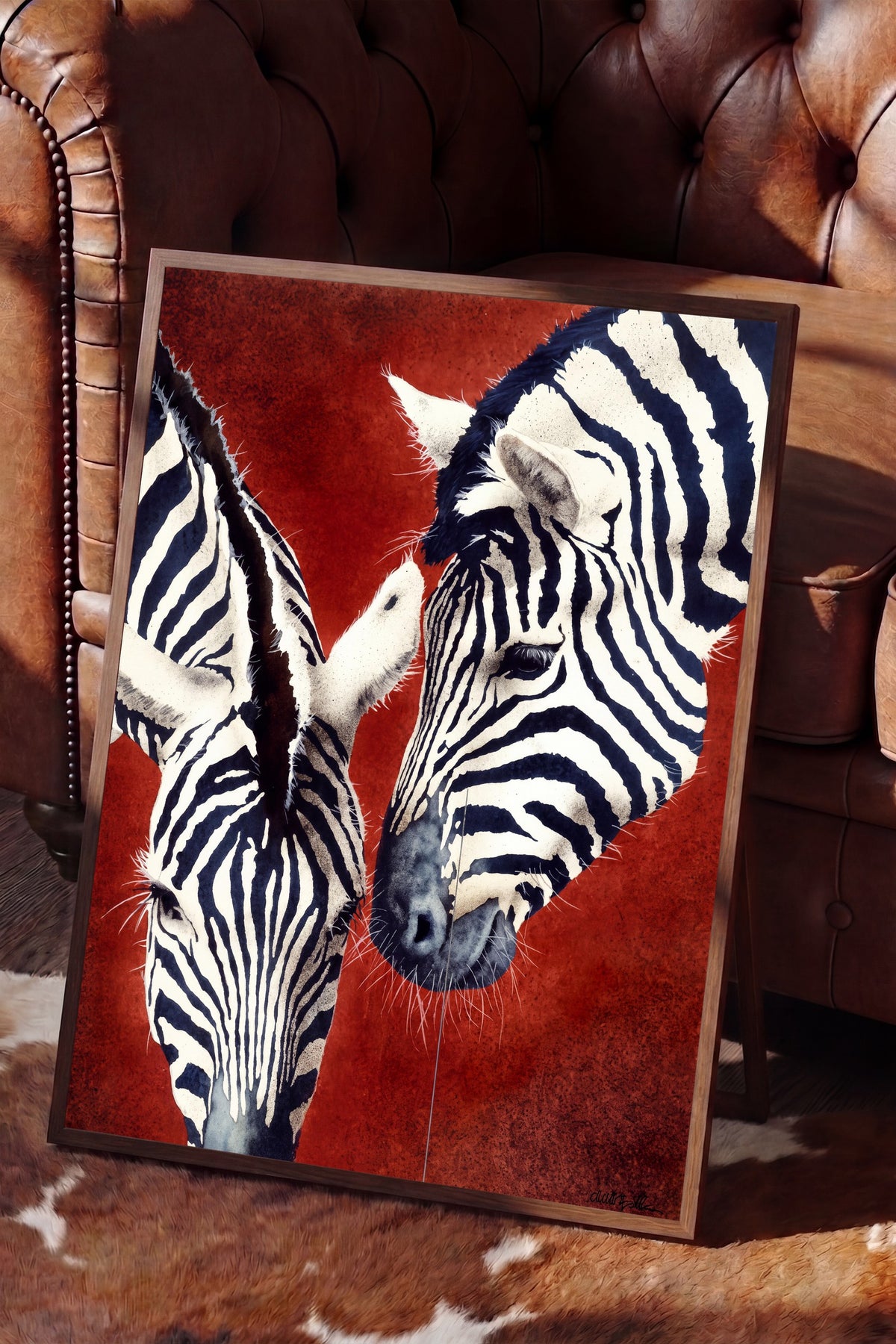 Etkileşim Halinde İki Zebra Poster – Kahverengi Çerçeveli Tablo