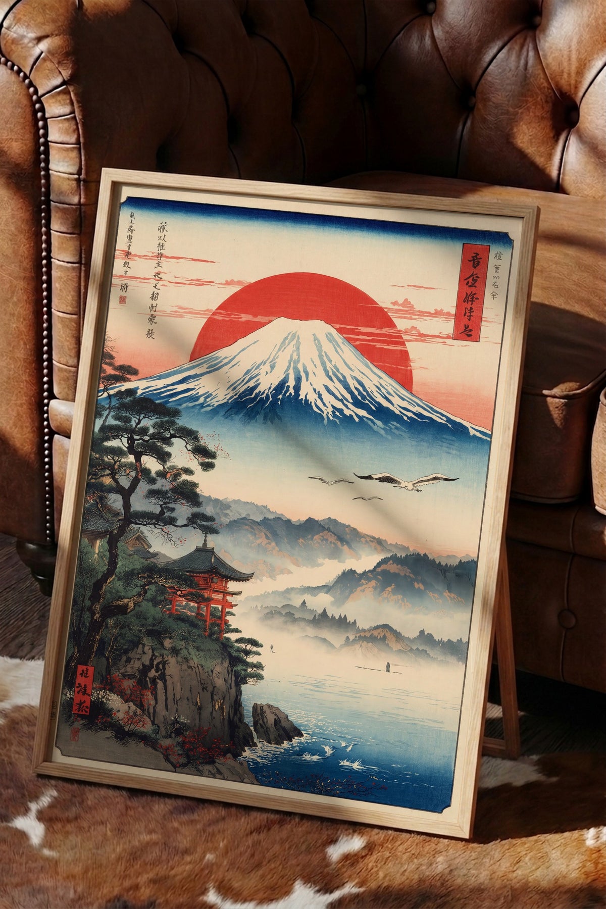 Mount Fuji ve Kırmızı Güneş Poster – Ahşap Çerçeveli Tablo