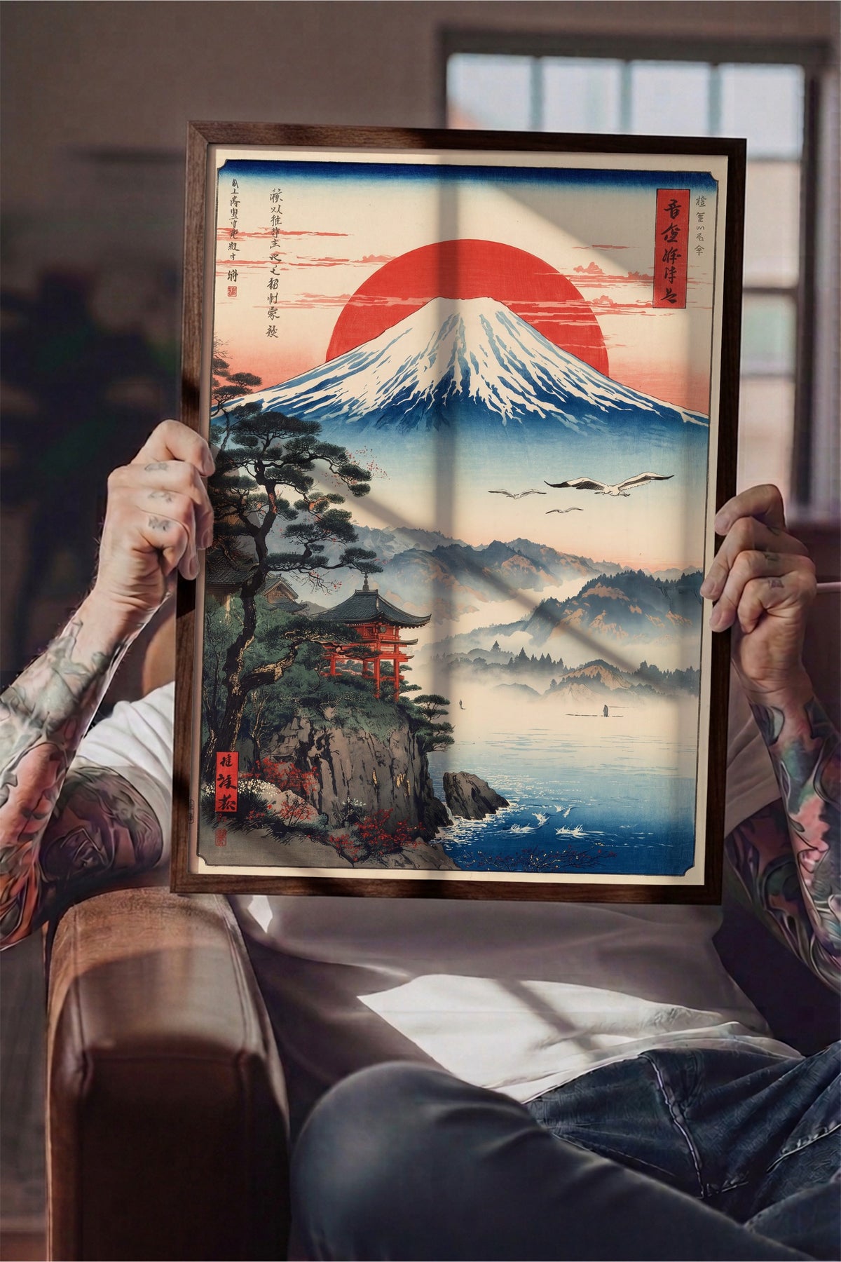Mount Fuji ve Kırmızı Güneş Poster – Kahverengi Çerçeveli Tablo