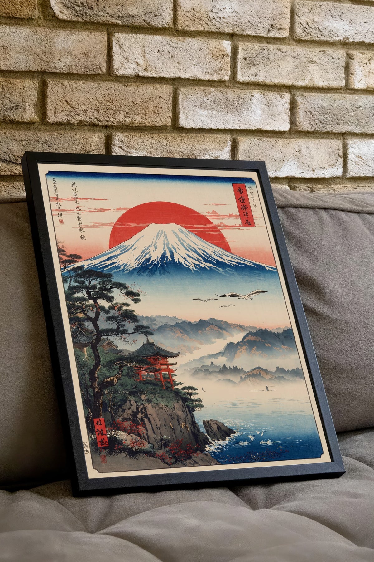 Mount Fuji ve Kırmızı Güneş Poster – Siyah Çerçeveli Tablo