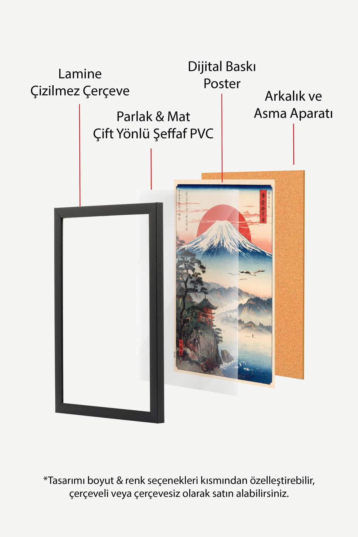Mount Fuji ve Kırmızı Güneş Poster – Siyah Çerçeveli Tablo