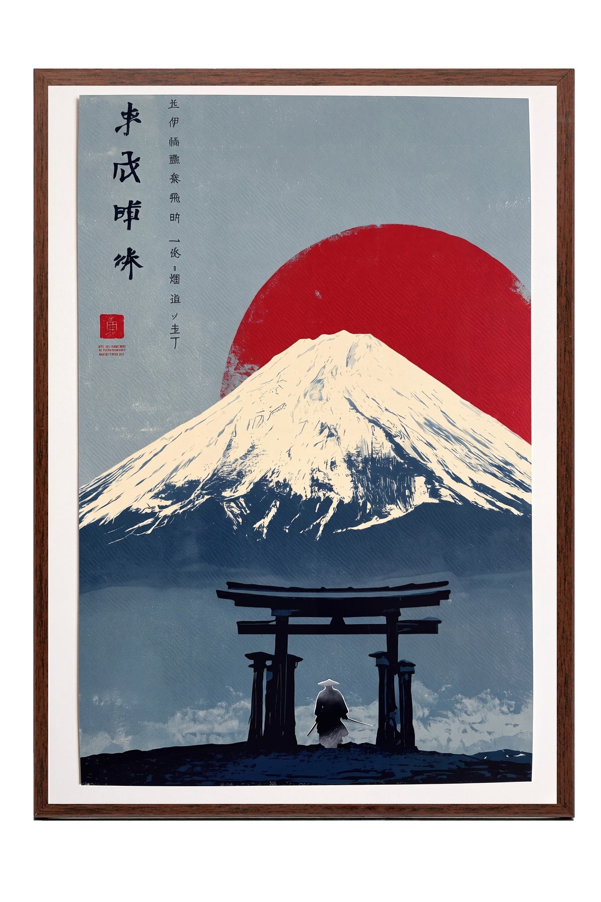 Torii Kapısı ve Fuji Dağı Manzarası Poster – Kahverengi Çerçeveli Tablo