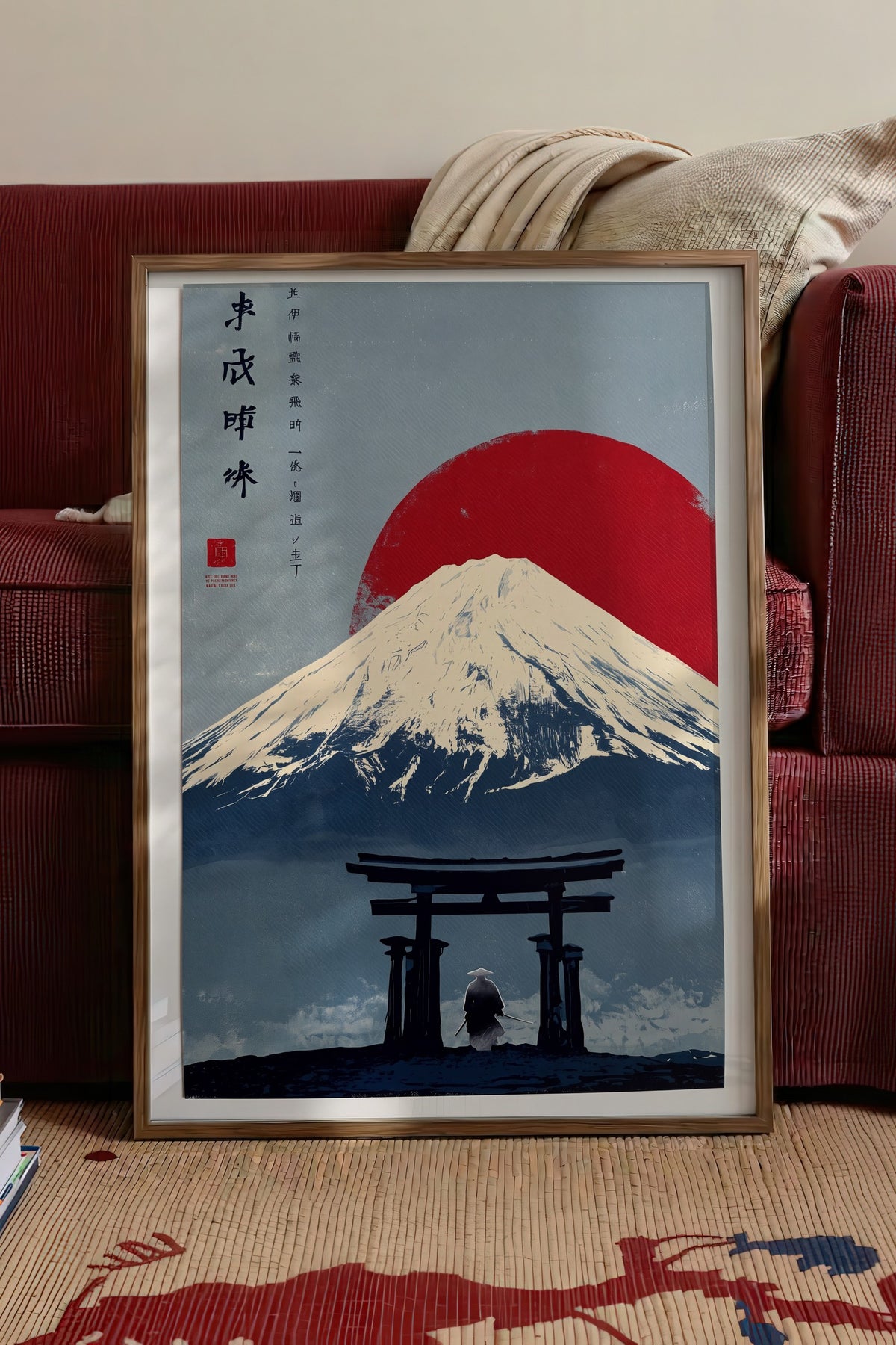 Torii Kapısı ve Fuji Dağı Manzarası Poster – Kahverengi Çerçeveli Tablo