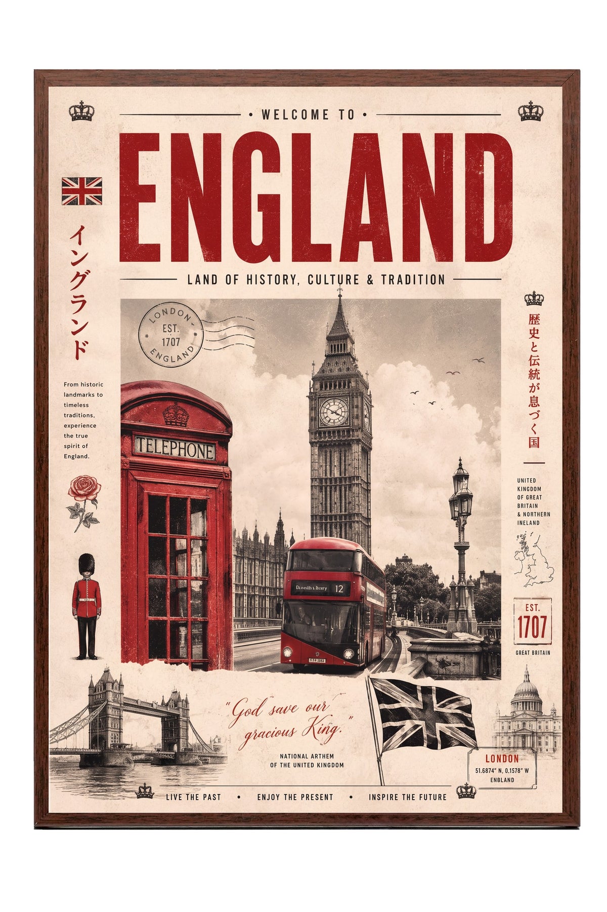 Welcome to England Poster – Kahverengi Çerçeveli Tablo
