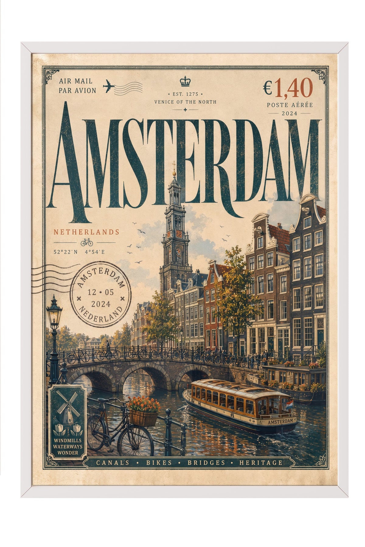 Amsterdam Poster – Beyaz Çerçeveli Tablo