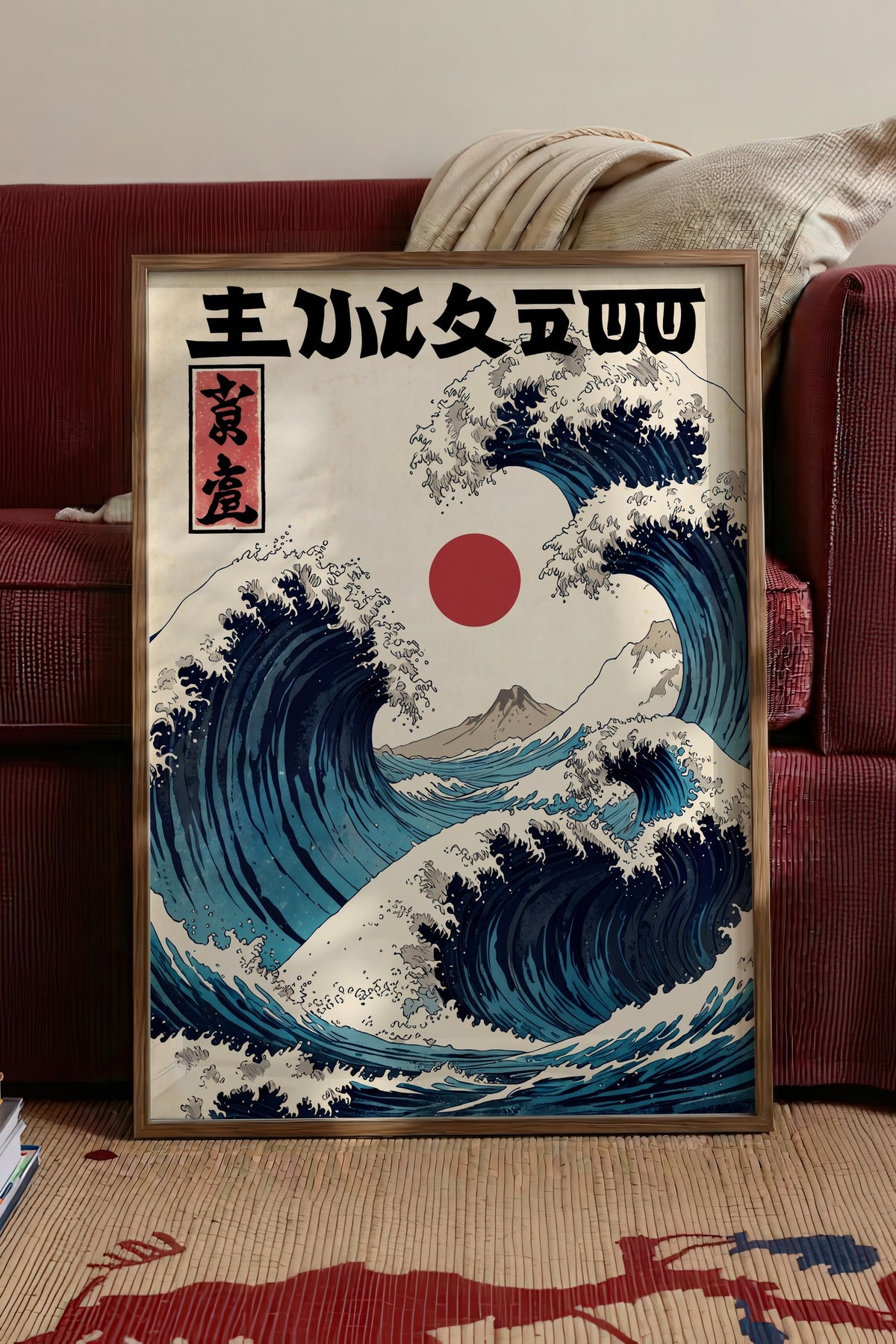 Japon Dalga Sanatı Poster – Kahverengi Çerçeveli Tablo