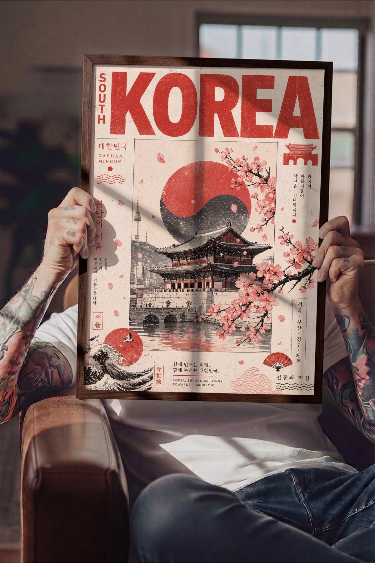 Geleneksel Kore Manzarası Poster – Kahverengi Çerçeveli Tablo