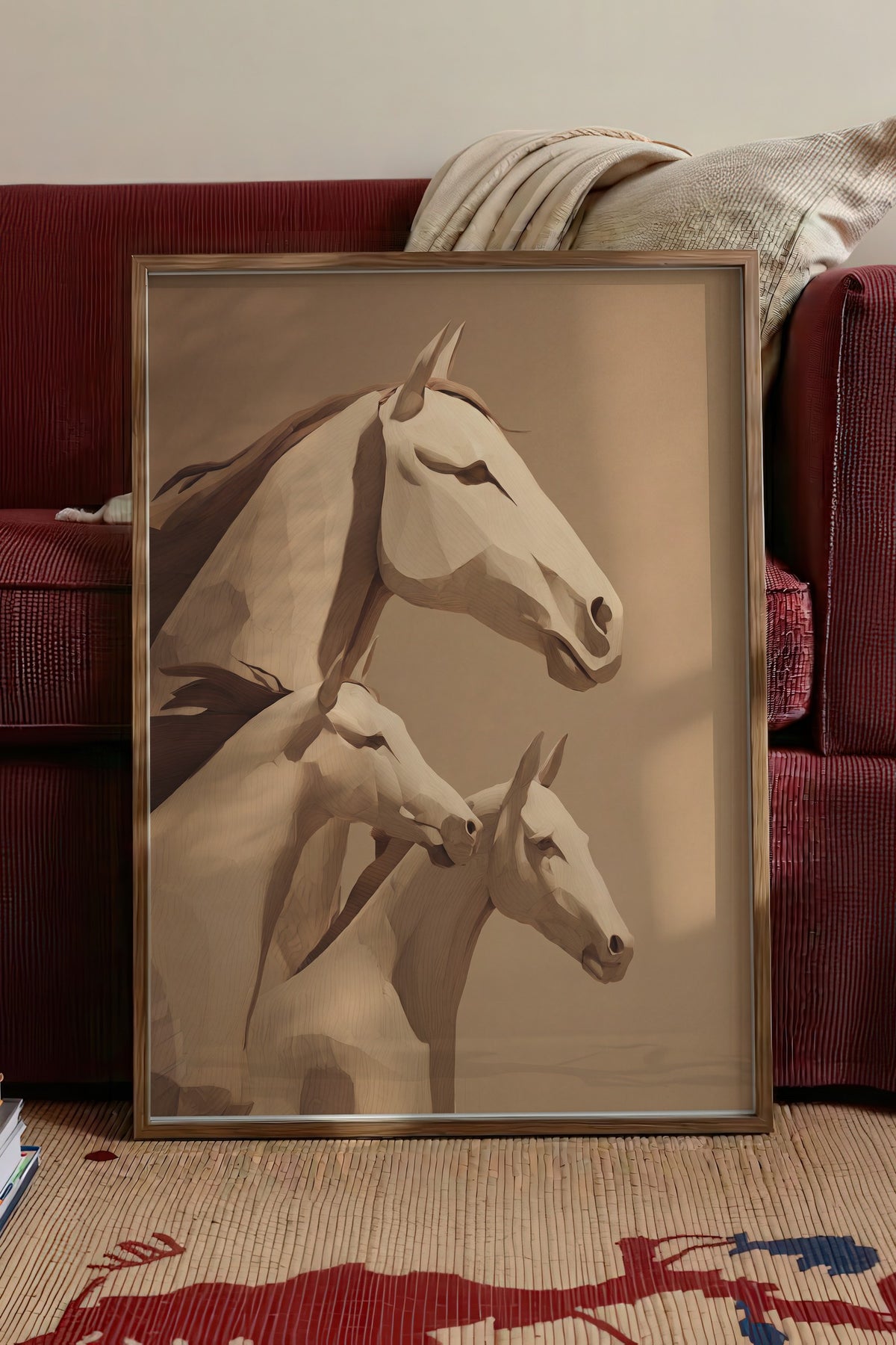 Soyut At Figürleri Poster – Kahverengi Çerçeveli Tablo