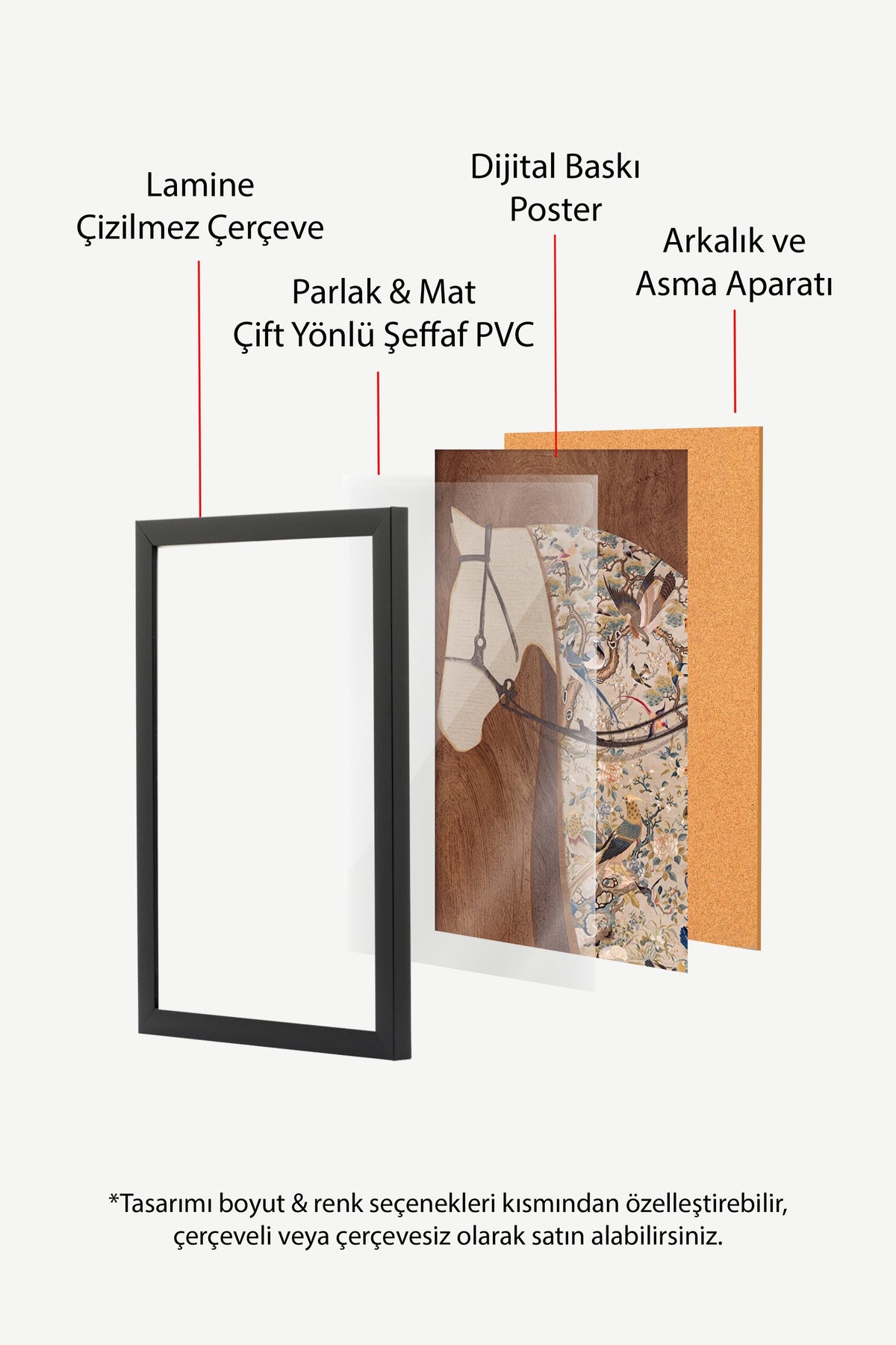 At ve Çiçekli Kuş İllüstrasyonu Poster – Siyah Çerçeveli Tablo