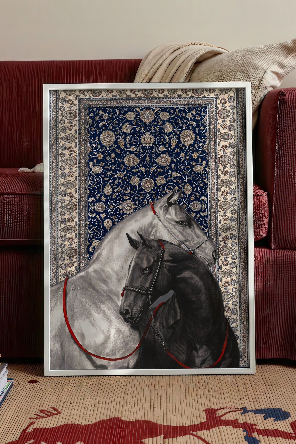 İki At ve Halı Deseni Poster – Beyaz Çerçeveli Tablo