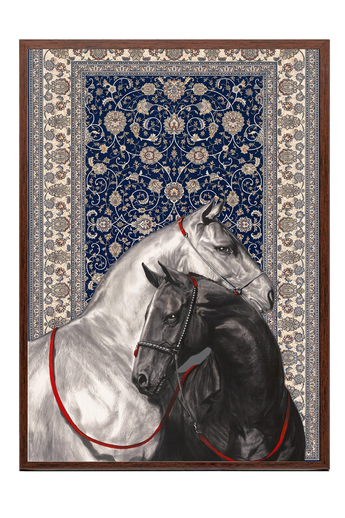 İki At ve Halı Deseni Poster – Kahverengi Çerçeveli Tablo