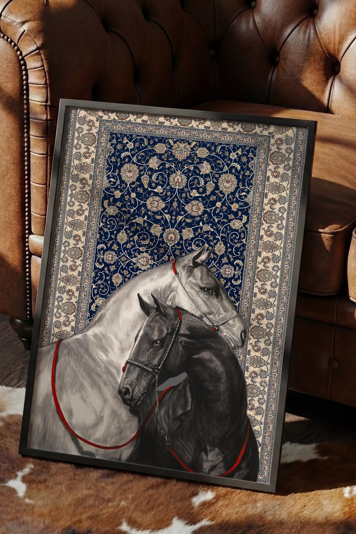 İki At ve Halı Deseni Poster – Siyah Çerçeveli Tablo