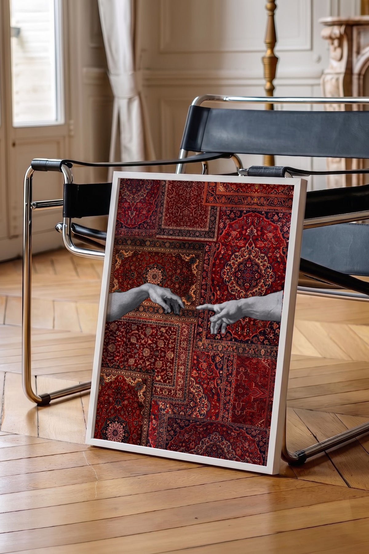 Halı Deseni Üzerinde Tanrı ve Adem Poster – Beyaz Çerçeveli Tablo