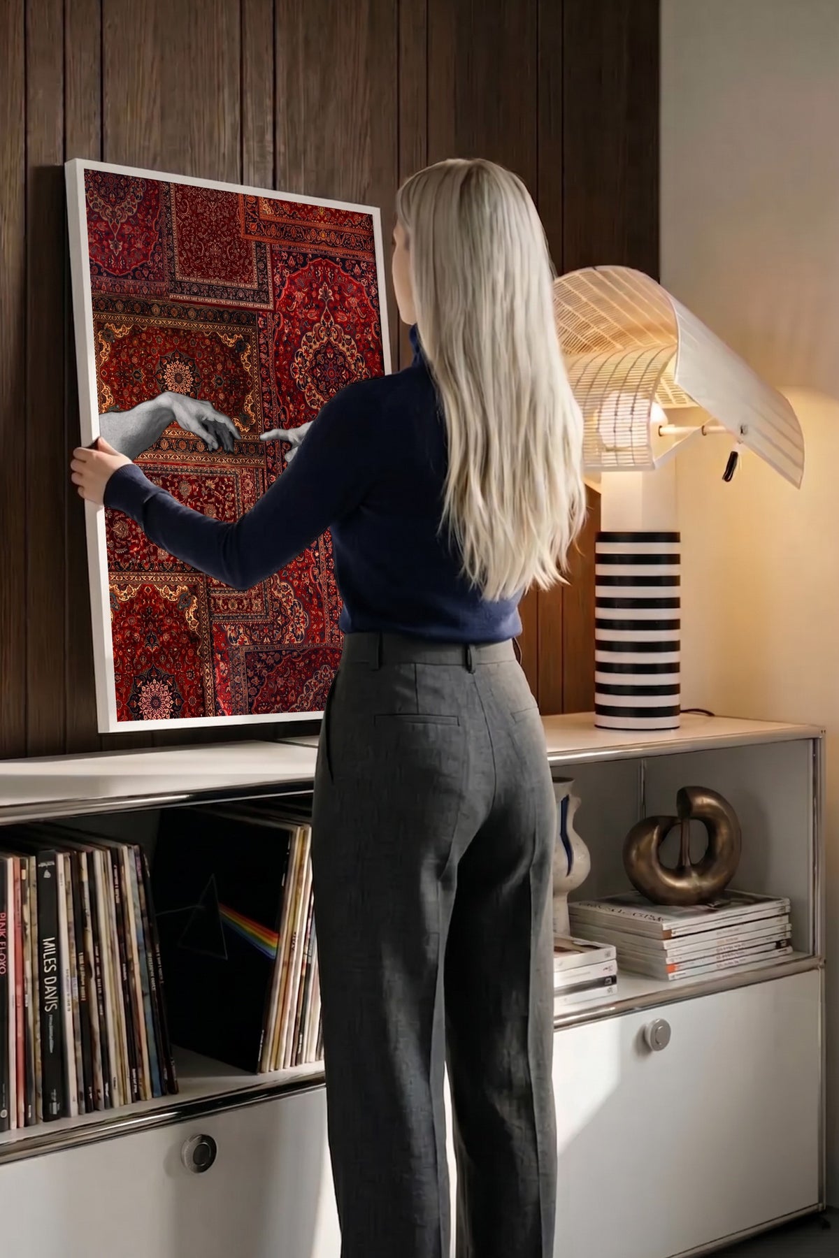 Halı Deseni Üzerinde Tanrı ve Adem Poster – Beyaz Çerçeveli Tablo