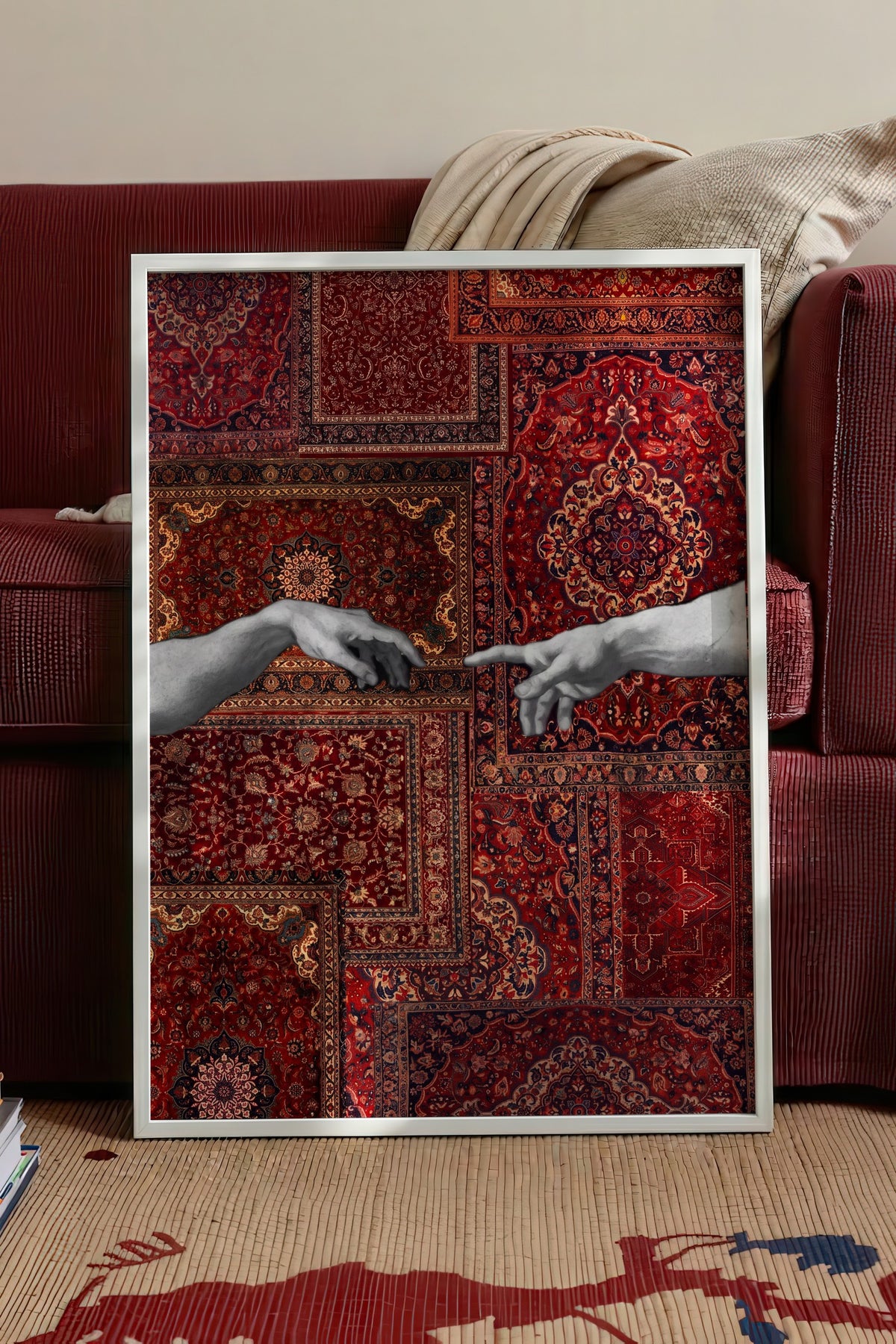 Halı Deseni Üzerinde Tanrı ve Adem Poster – Beyaz Çerçeveli Tablo