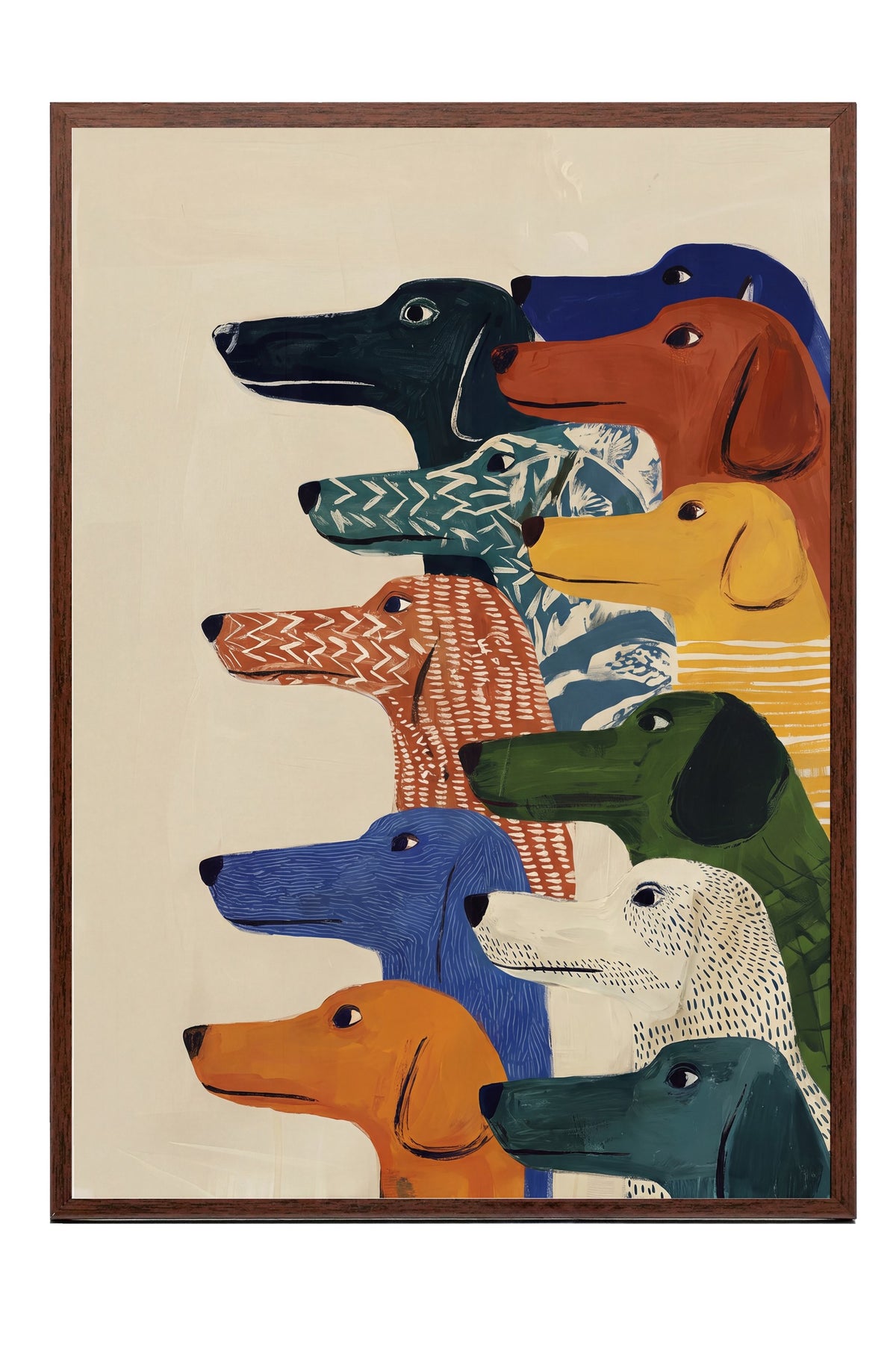 Renkli Köpek İllüstrasyonu Poster – Kahverengi Çerçeveli Tablo