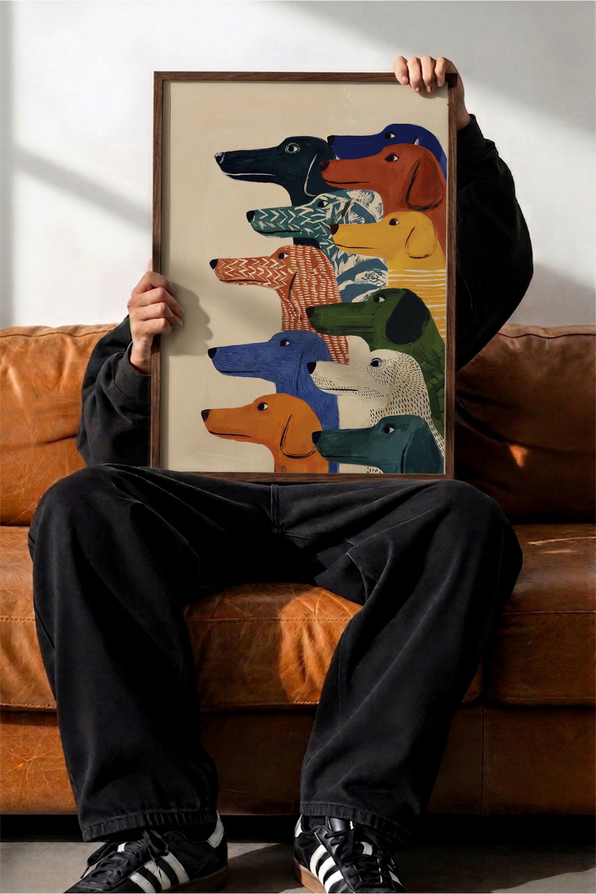 Renkli Köpek İllüstrasyonu Poster – Kahverengi Çerçeveli Tablo