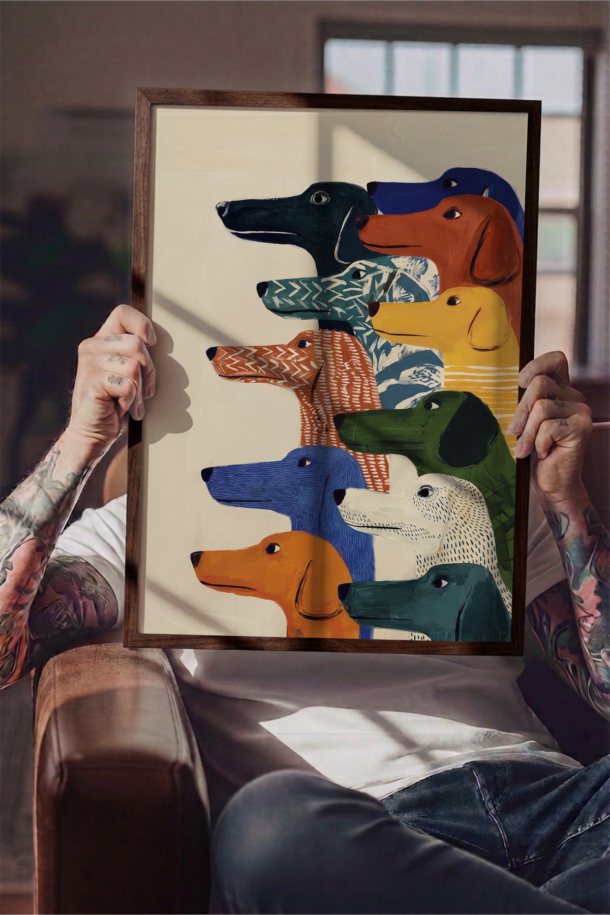 Renkli Köpek İllüstrasyonu Poster – Kahverengi Çerçeveli Tablo