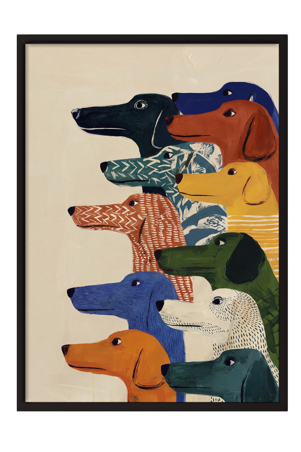 Renkli Köpek İllüstrasyonu Poster – Siyah Çerçeveli Tablo