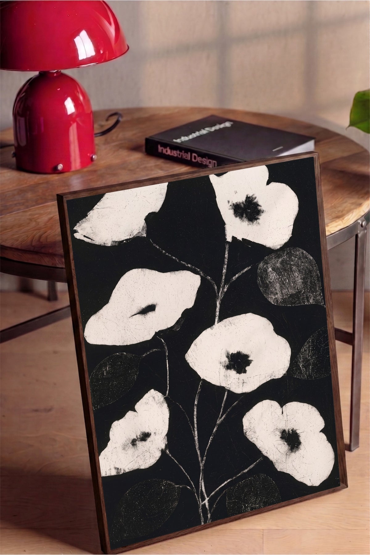 Monokrom Çiçekler Poster – Kahverengi Çerçeveli Tablo