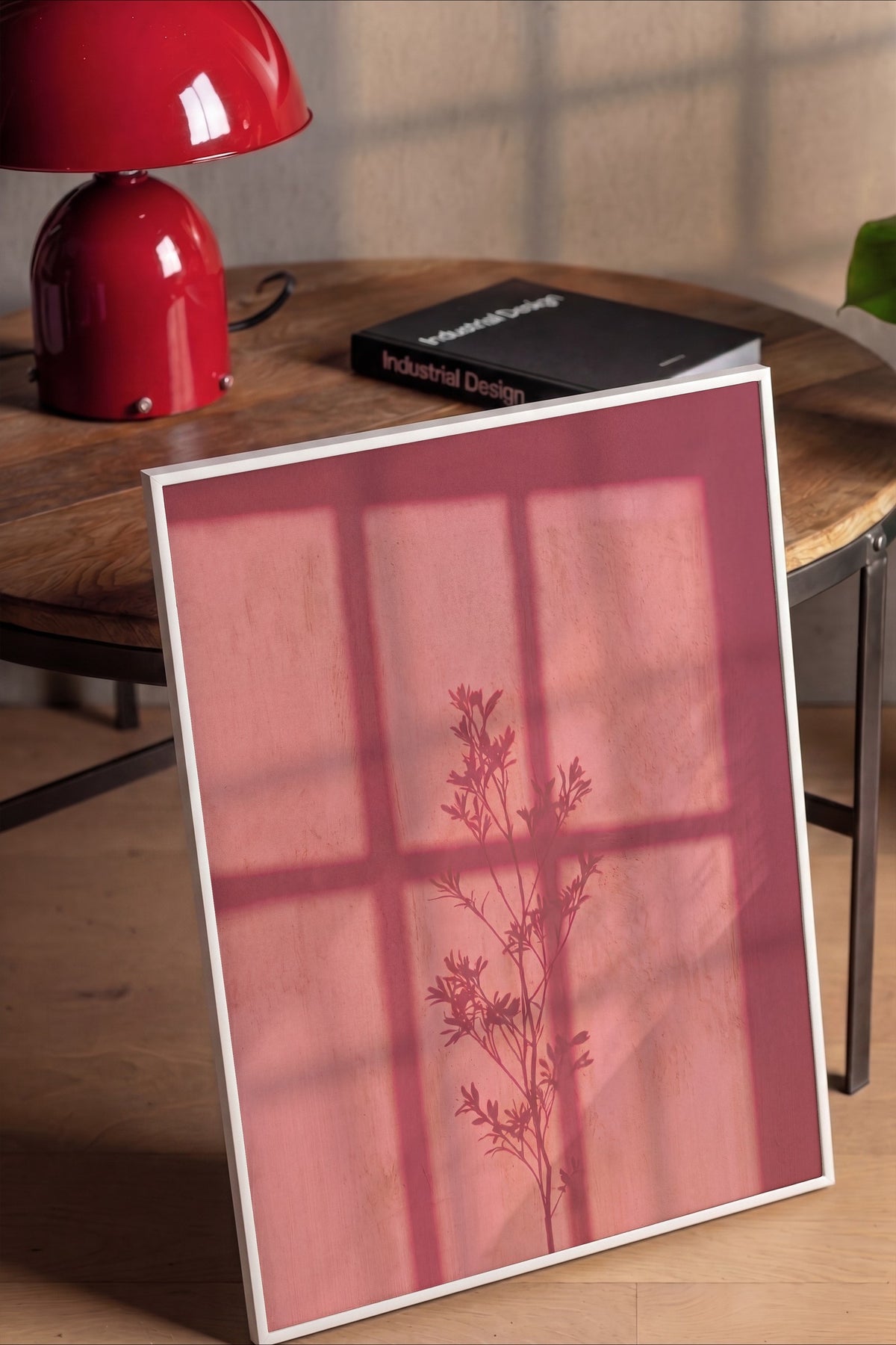 Pembe Gölgedeki Bitki Silüeti Poster – Beyaz Çerçeveli Tablo