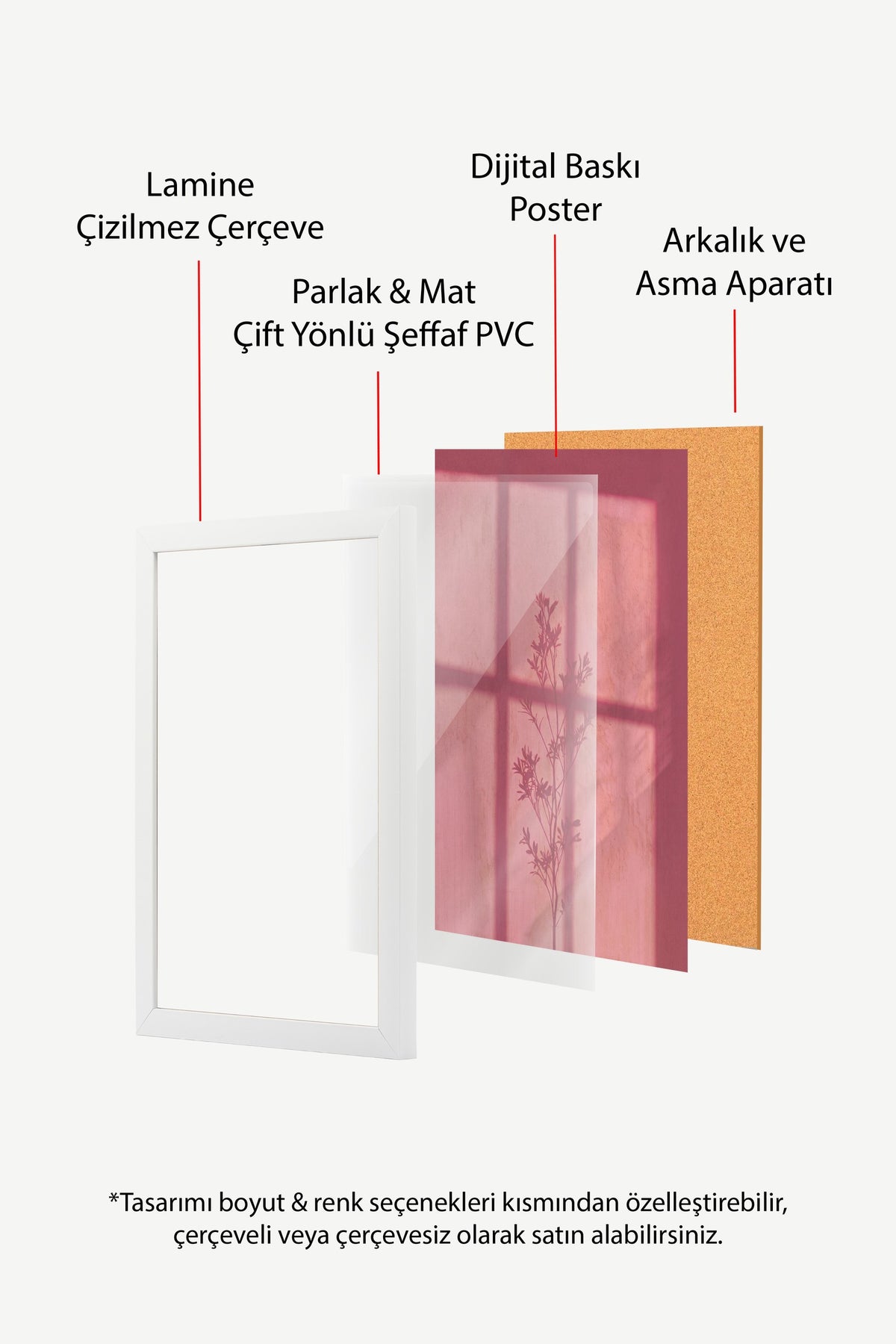 Pembe Gölgedeki Bitki Silüeti Poster – Beyaz Çerçeveli Tablo