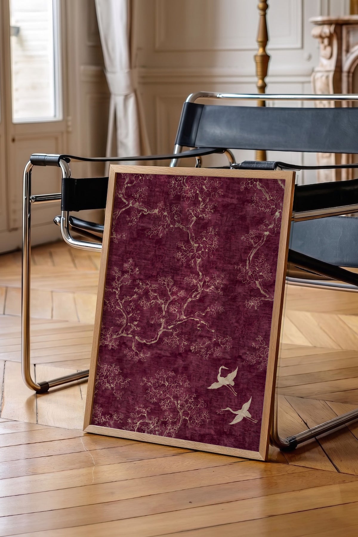 Doğa Motifli Kuş ve Ağaçlar Poster – Ahşap Çerçeveli Tablo