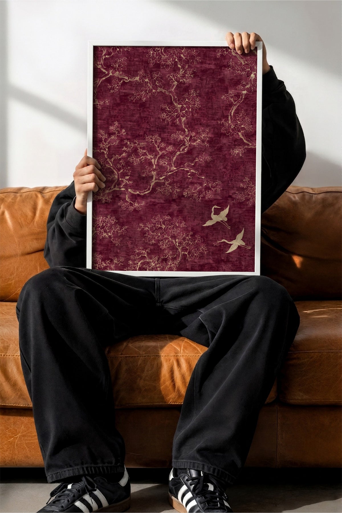 Doğa Motifli Kuş ve Ağaçlar Poster – Beyaz Çerçeveli Tablo